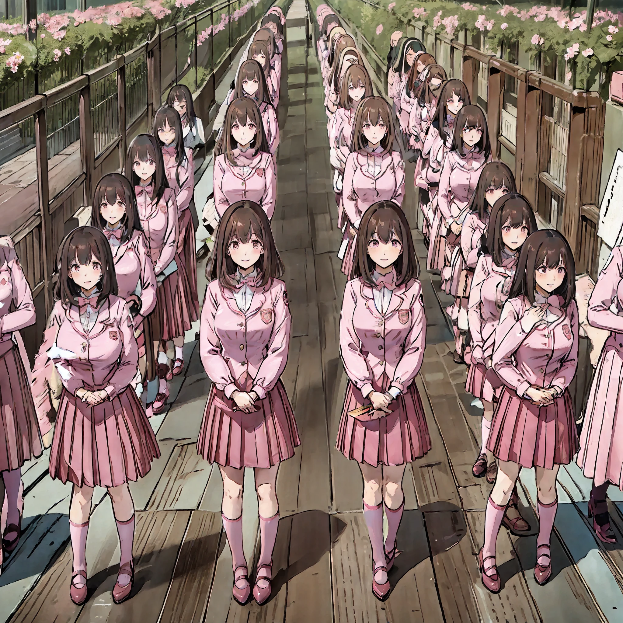 perfect anime illustration, multiple girls, thousands of girls, millions of girls, rich girls, clones, identical sisters, neat rows of sisters, neat columns of sisters, sisters standing in formation, sisters in background, brown hair, curly hair, matching hairstyle, hazel eyes, smiling, ((matching outfits, pink uniform, high heels)), matching hairstyles, white background, highres, full body, sisters marching