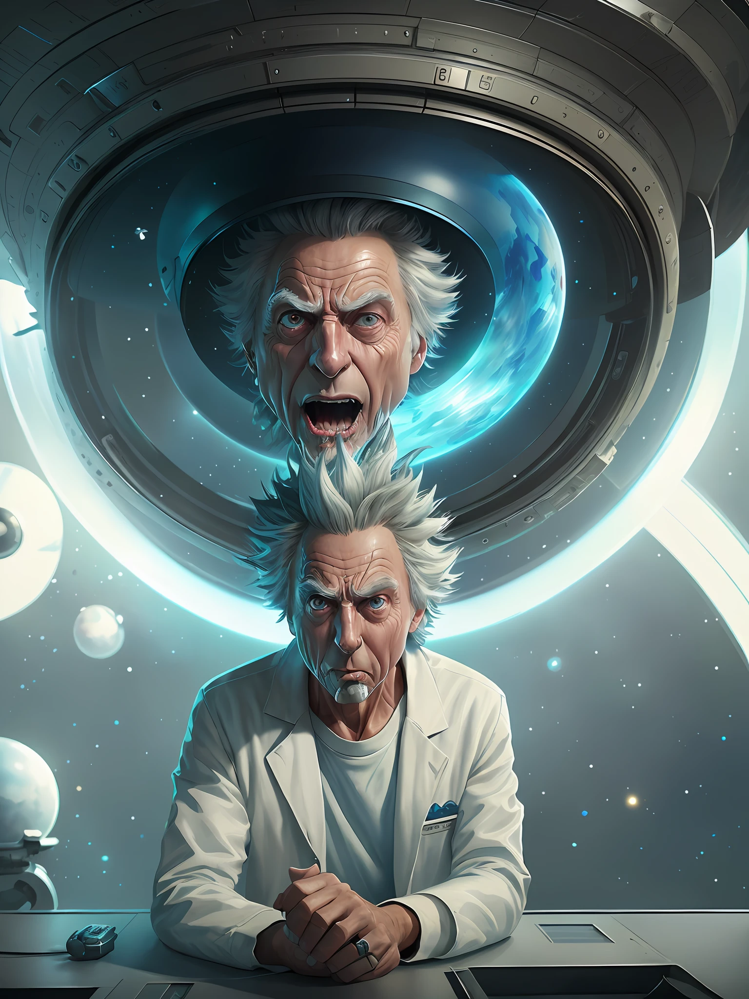 (portrait of Rick Sanchez),realistic man, old, rick and morty universe, (( sitting on his flying saucer, wandering in space)), ((wearing a white coat of a scientist, blue T-shirt)), big crazy eyes, ((saliva in mouth)), (muscular:1.8), blue portal Atey Ghailan, by Jeremy Mann, Greg Manchess, Antonio Moro, trending on ArtStation, trending on CGSociety, Intricate, High Detail, Sharp focus, Dramatic, Photorealistic Painting Art by Midjourney and Greg Rutkowski, Bokeh on Background