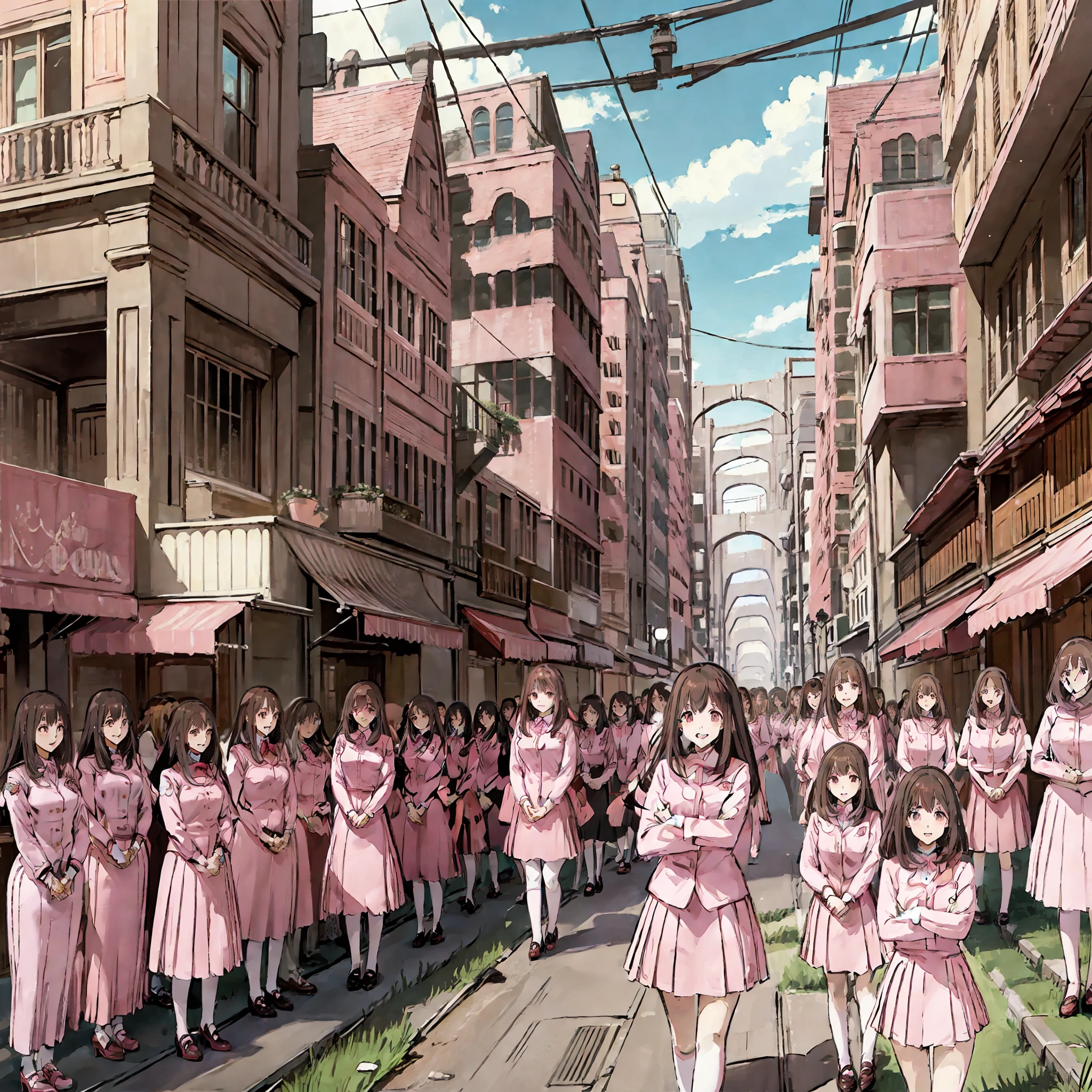 perfect anime illustration, multiple girls, thousands of girls, millions of girls, rich girls, clones, identical sisters, neat rows of sisters, neat columns of sisters, sisters standing in formation, sisters in background, brown hair, curly hair, matching hairstyle, hazel eyes, smiling, ((matching outfits, pink uniform, high heels)), matching hairstyles, white background, highres, full body, sisters marching