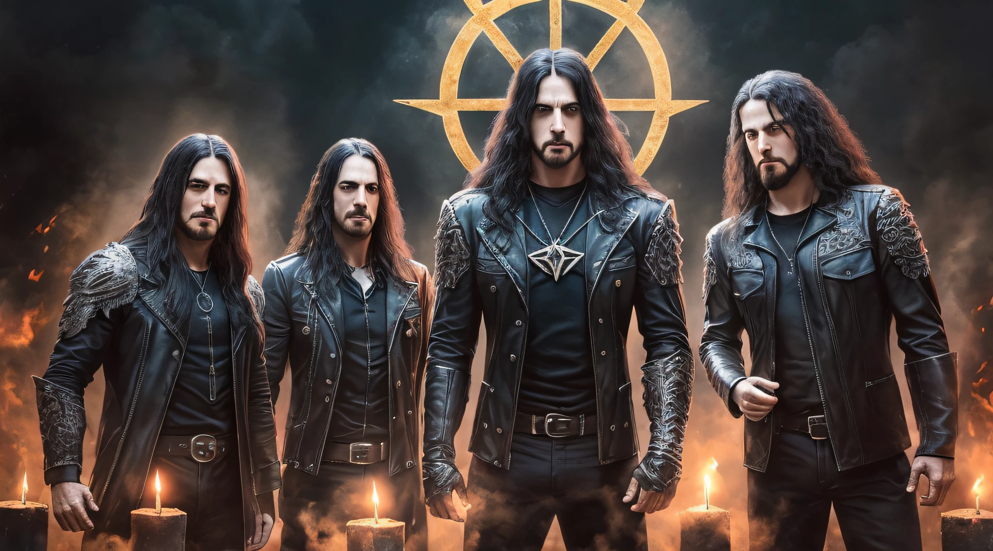 Três homens CABELO LOIRO LONGOS, em frente a um prédio com velas, New Wave of British Heavy Metal, Heavy Metal Band Promo, Disturbed, Heavy Rock Band Promo Photo, Caparison, Pentagram, Proto - Metal Band Promo, Megadeth, Promotional Shot, Dream Theater, Behemoth, Apocalytic, Promocional Photo, Threatening, Anvil, Draconian, Gehenna
