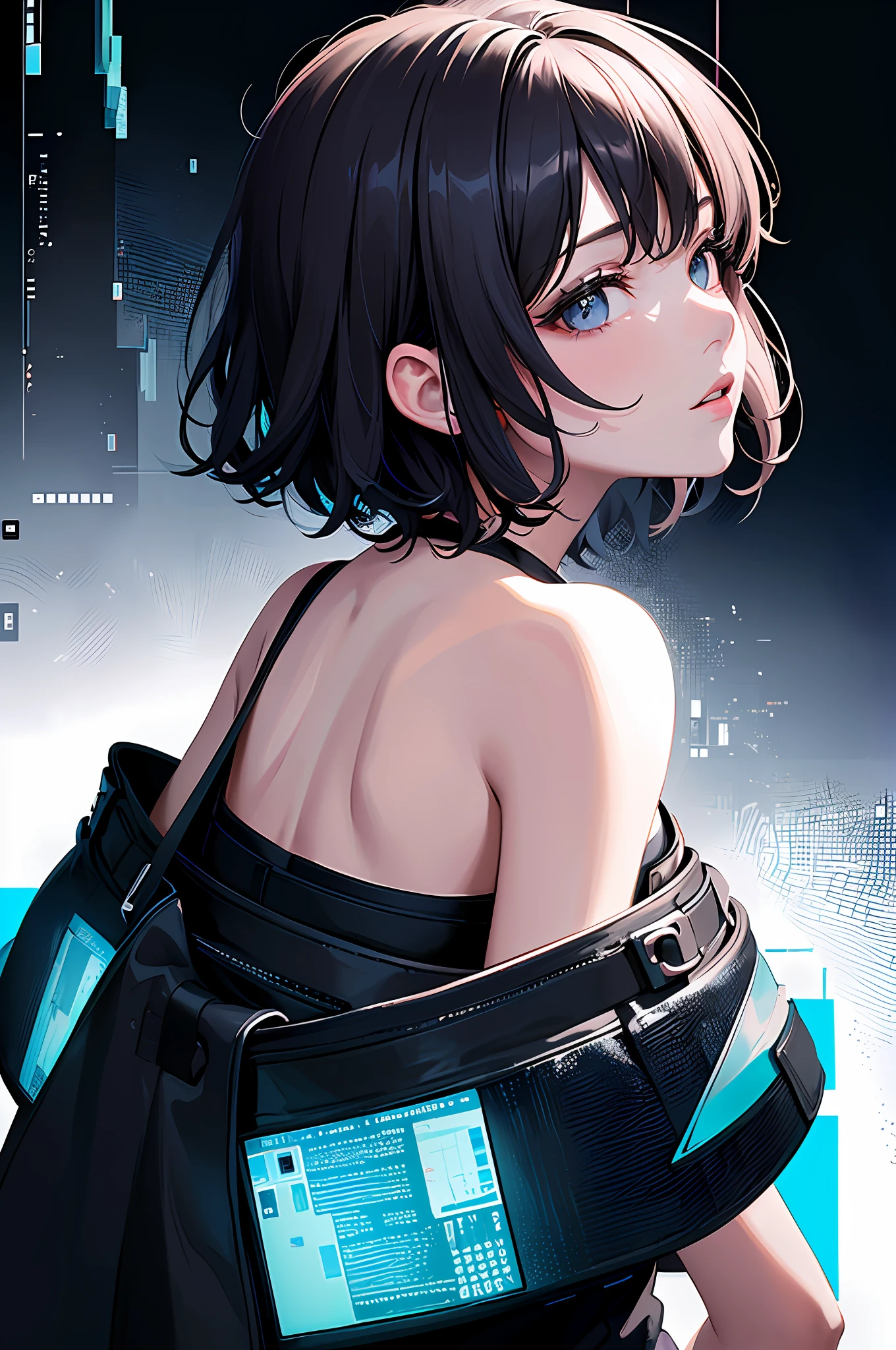 (Masterpiece, Top Quality, Best Quality, Official Art, Portrait, Beautiful and Aesthetic: 1.2), (1 Girl: 1.3), Shot from Back, (Girl Turns Around), Short Hair, Glitch Art, (Digital Distortion), Pixelated Fragments, Data Corruption, Colorful Noise, Visual Confusion, Modern Aesthetics