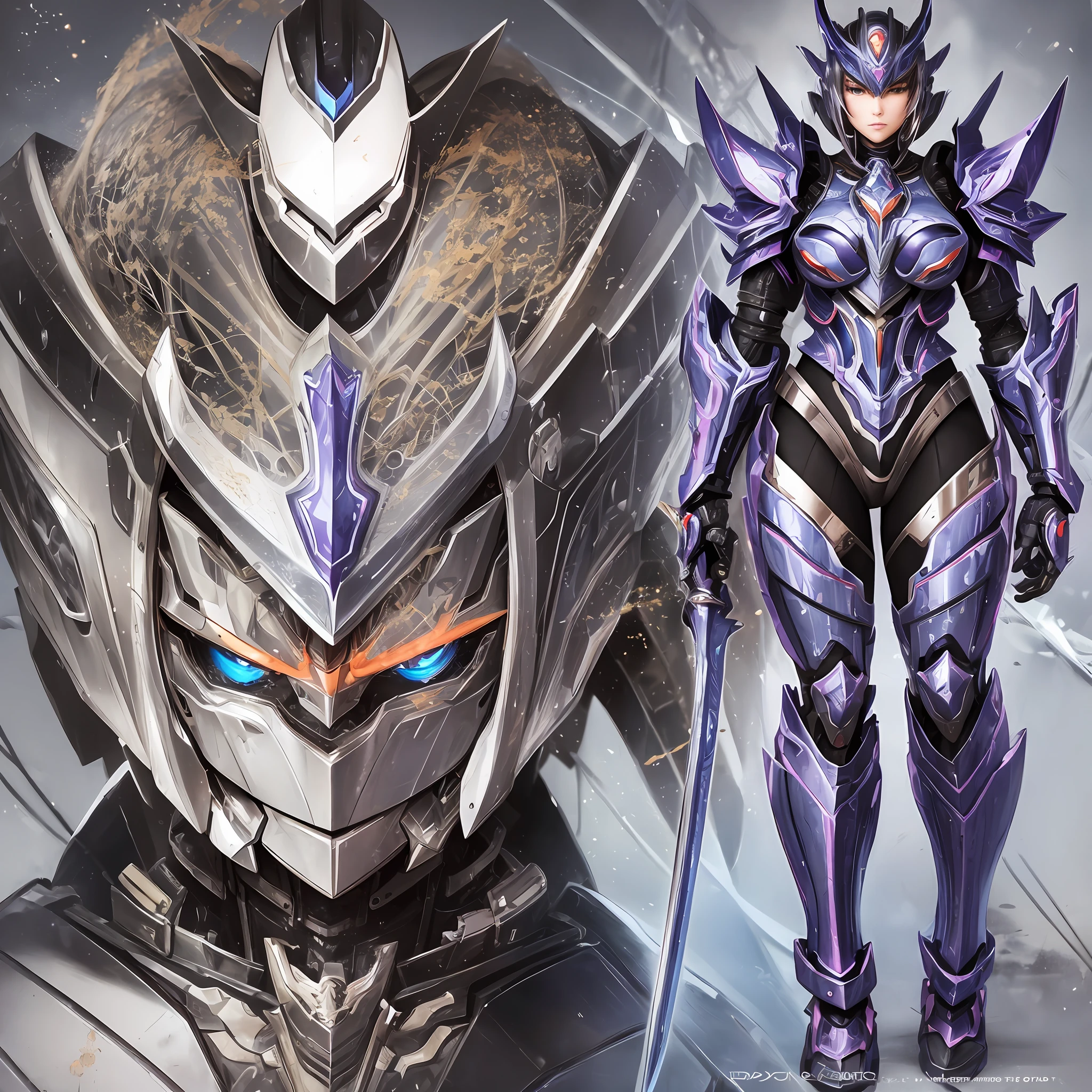 Close up portrait of a person in costume with a sword, cyber japan style armor, cyber japan armor, guyver style, girl in armor, monster hunter armor, full body mecha suit, perfect anime cyborg woman, cyborg noble woman, mecha cyber armor girl, detailed full body concept, female armor, anime character. Full Body Art --auto --s2