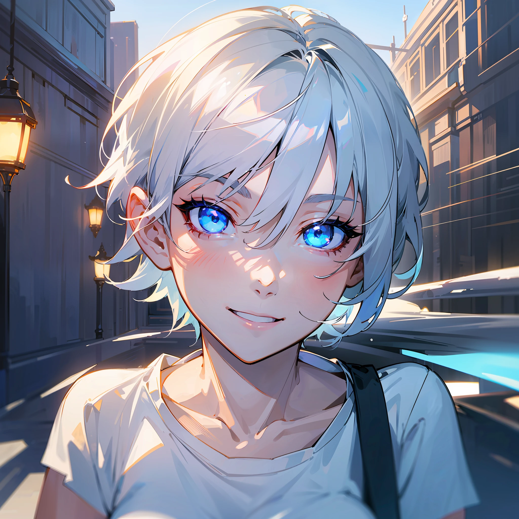 white skin, ultra beautiful face, breasts, t-shirt, beautiful lights and shadows, night, ambient light, pessonage, anime, girl with short hair, silver white, blue eyes, beautiful eyes, smiling, charismatic, giving cool with hands, Maximum quality. --auto --s2
