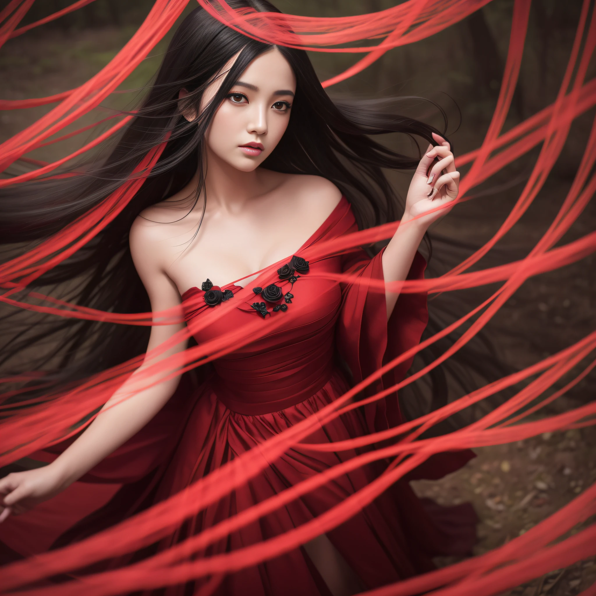 Beautiful forest stream, black eyes and beautiful black hair, swaying in the wind, wearing a red dress, detailed and beautiful 8K CG high-resolution wallpaper, delicate expressive, vivid colors, one black rose in the hands and light pouring down.