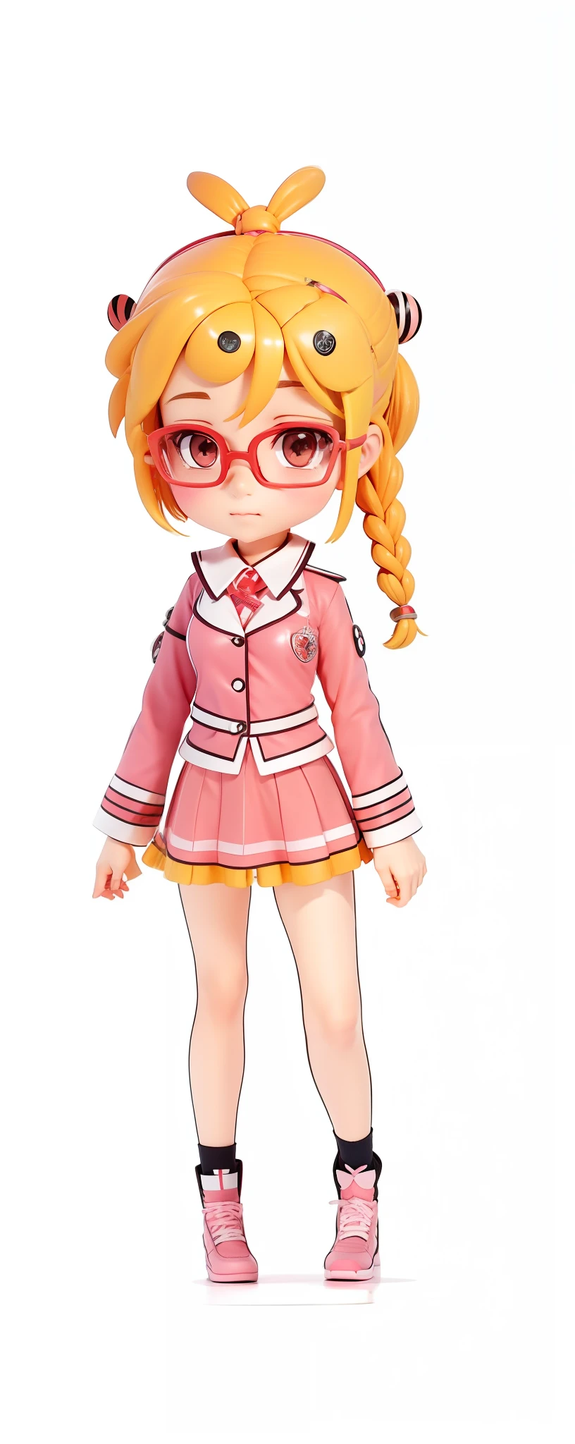 There are three circles in the hair, braided head, pink school uniform, dull hair, glasses, and ladybug decoration on the clothes