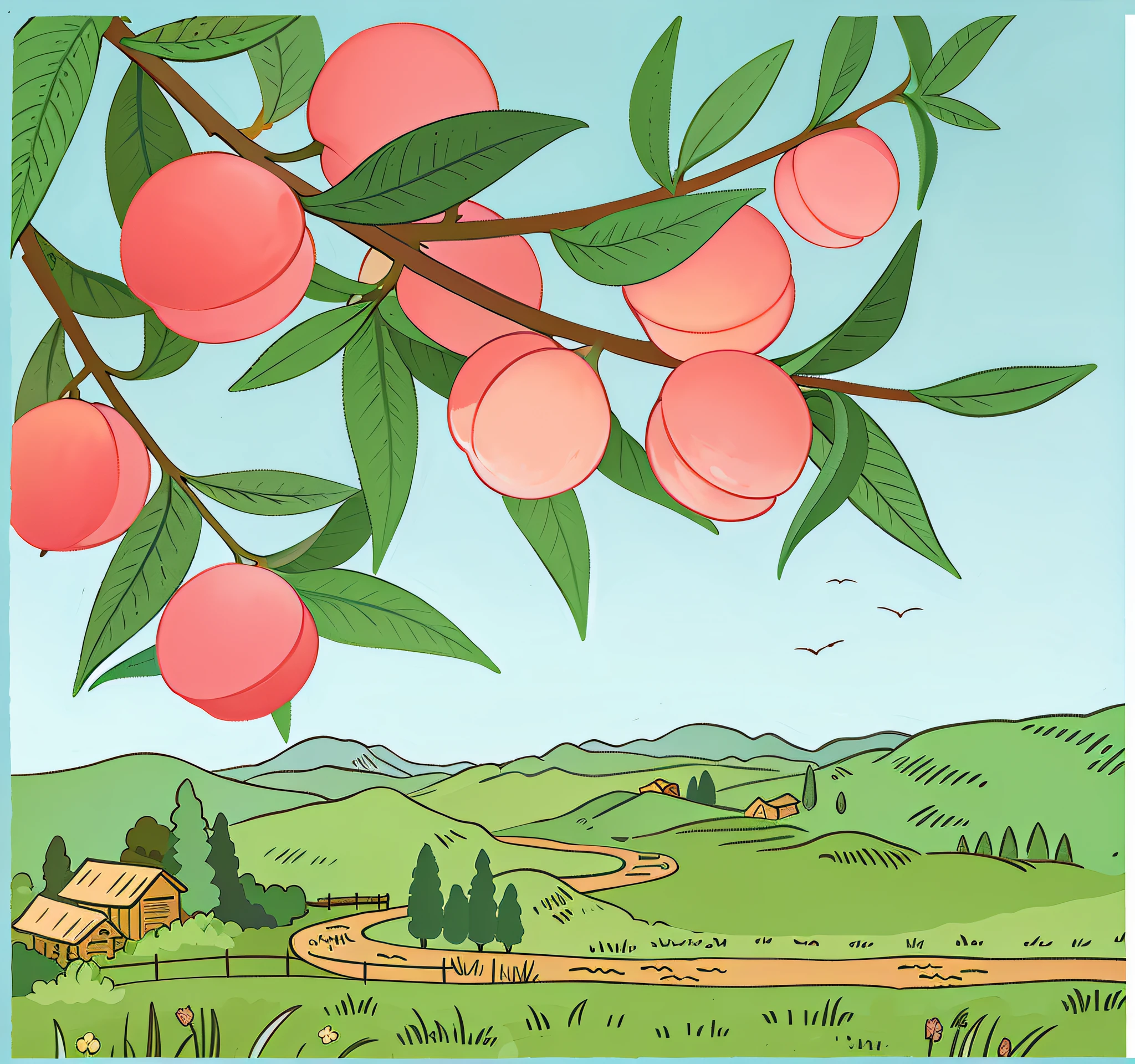there is a picture of a peach tree with a few peaches on it, an illustration of, landscape illustration, illustration”, detailed digital illustration, stylized digital illustration, idyllic and fruitful land, full color illustration, peach, garden with fruits on trees, an illustration, peaches, a digital rendering, digitally colored, digital illustration, cherry tree in the background