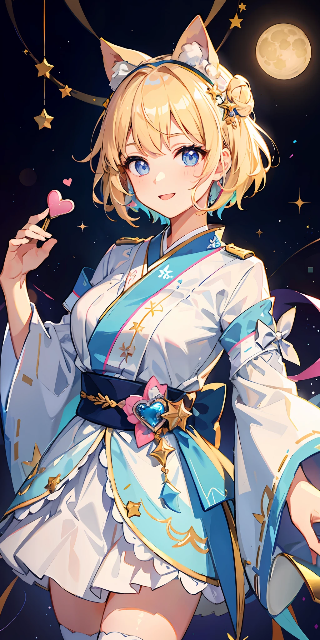 1girl, bright, blonde, light blue eyes, heart motif, star, moon, short hair, uniform bangs, multicolored hair, princess, saleme, side lights, light particles, wallpaper, big, plump, idol, idol costume, cute costume, pink, amazing costume, kimono, loose fluffy, smile, gentle, clear, , sexy