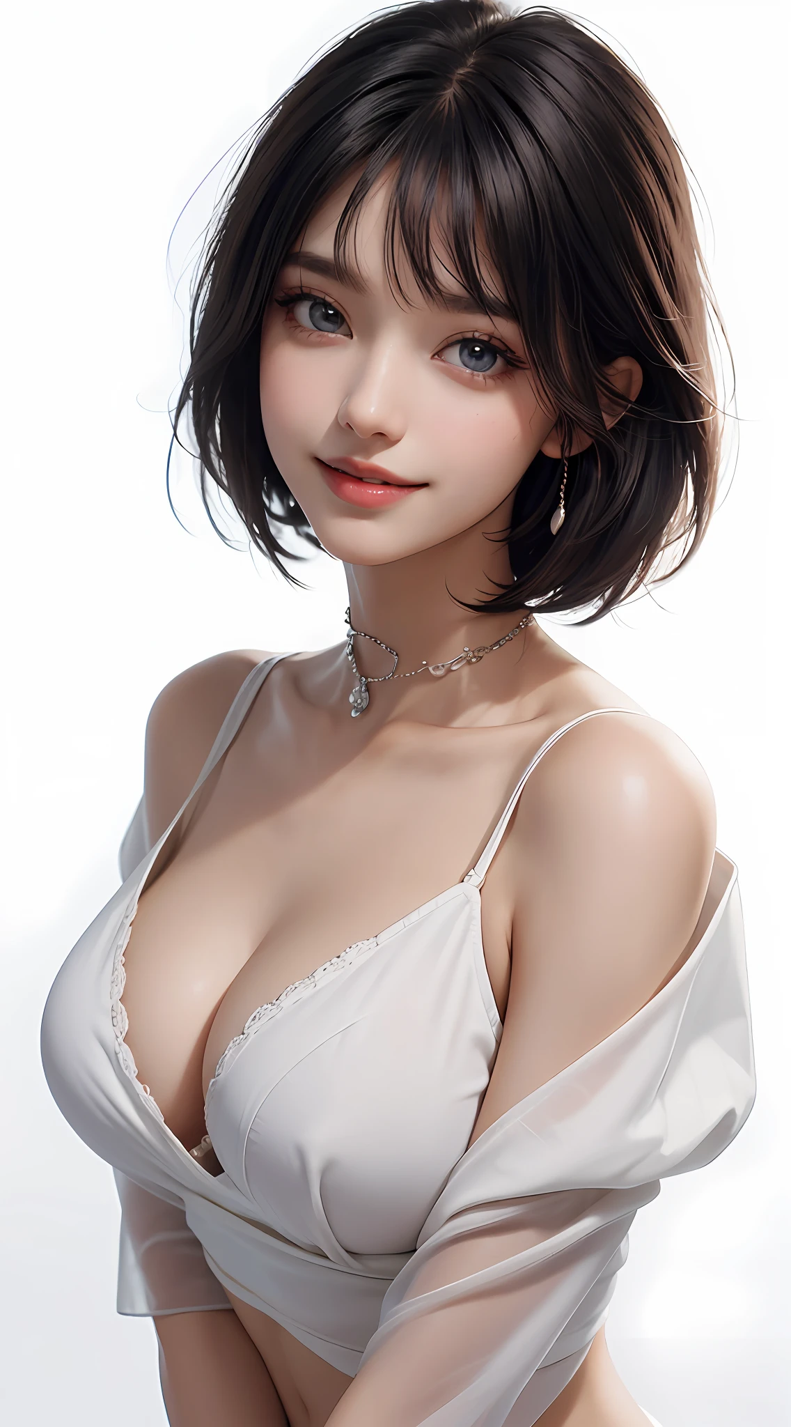 ((Top Quality, 8k, Masterpiece: 1.3)), 1 girl, Beauty with slender abs: 1.3, (Medium Short Hair, Big: 1.2), Shirt with collar: 1.1, Ultra detailed face, Detailed eyes, Double eyelids, Top Quality, White skin, Real human skin, (in detail), Oval face, Pore, Ultra High Definition, (8k, RAW photos, Photorealistic: 1.4), 1 woman, Slim, (who sees with gentle and goddess-like eyes) Happiness: 1.2), (lip gloss, eyelashes, clear double, crystal clear eyes, gloss face, highest quality, ultra high resolution, wide lighting, natural shading), big eyes, round eyes, random outfits, oversized jackets, fashion shirts, white background, light background, large breasts, gloss on chest, gloss on face, gloss on skin, Glossy skin, Glossy skin, Fresh breeze, Straight hair, Short bob hair, Bangs, Long neck, Choker, Smile, Smile, Smile, Beautiful woman, Very sexy body, Big breasts looking directly at the camera, Sexy expression, Chest between arms to make cleavage, Chest closer, Refreshing charm, Cute smile, Coquettish smile, Smile, Glossy skin, Big eyes, Highlight in pupils, clear double eyelids, eyelashes, long neck, beautiful short hair, glossy dark black hair, bangs, pure white background, empty background