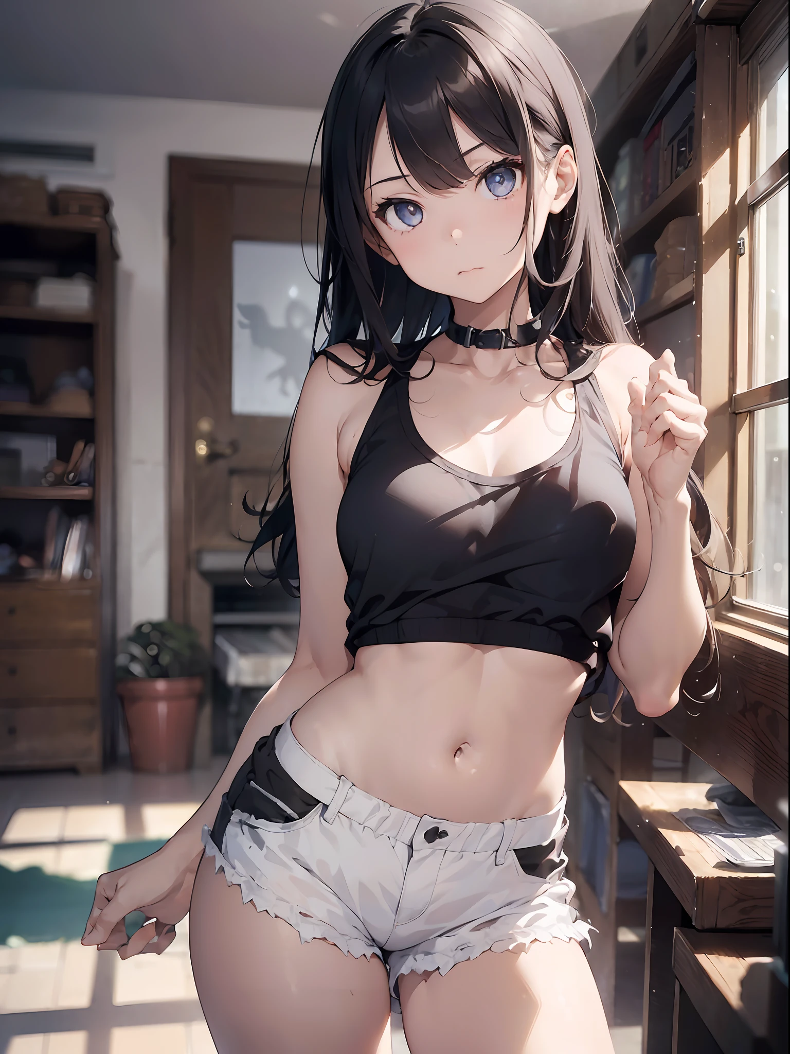1girl, (solo:1.2), ((masterpiece)), (shadow), [slim], (small breasts), ((sharp focus)), pale skin, ((detailed eyes)), (blurry background), (dynamic angle), black hair, closed mouth, tank top, shorts, standing, interior, living room, straight hair, looking at viewer, cold expression, indifferent