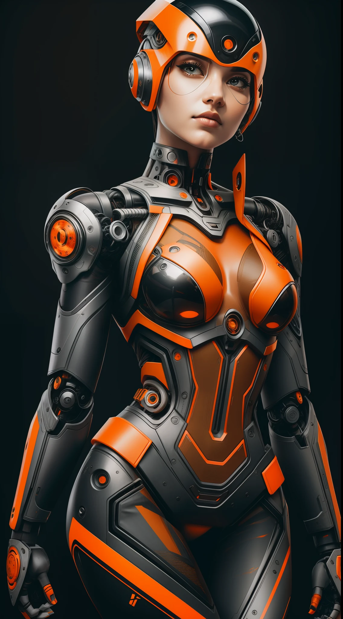 1cyborg woman with robotic arms,orange and black jacket,minimalist