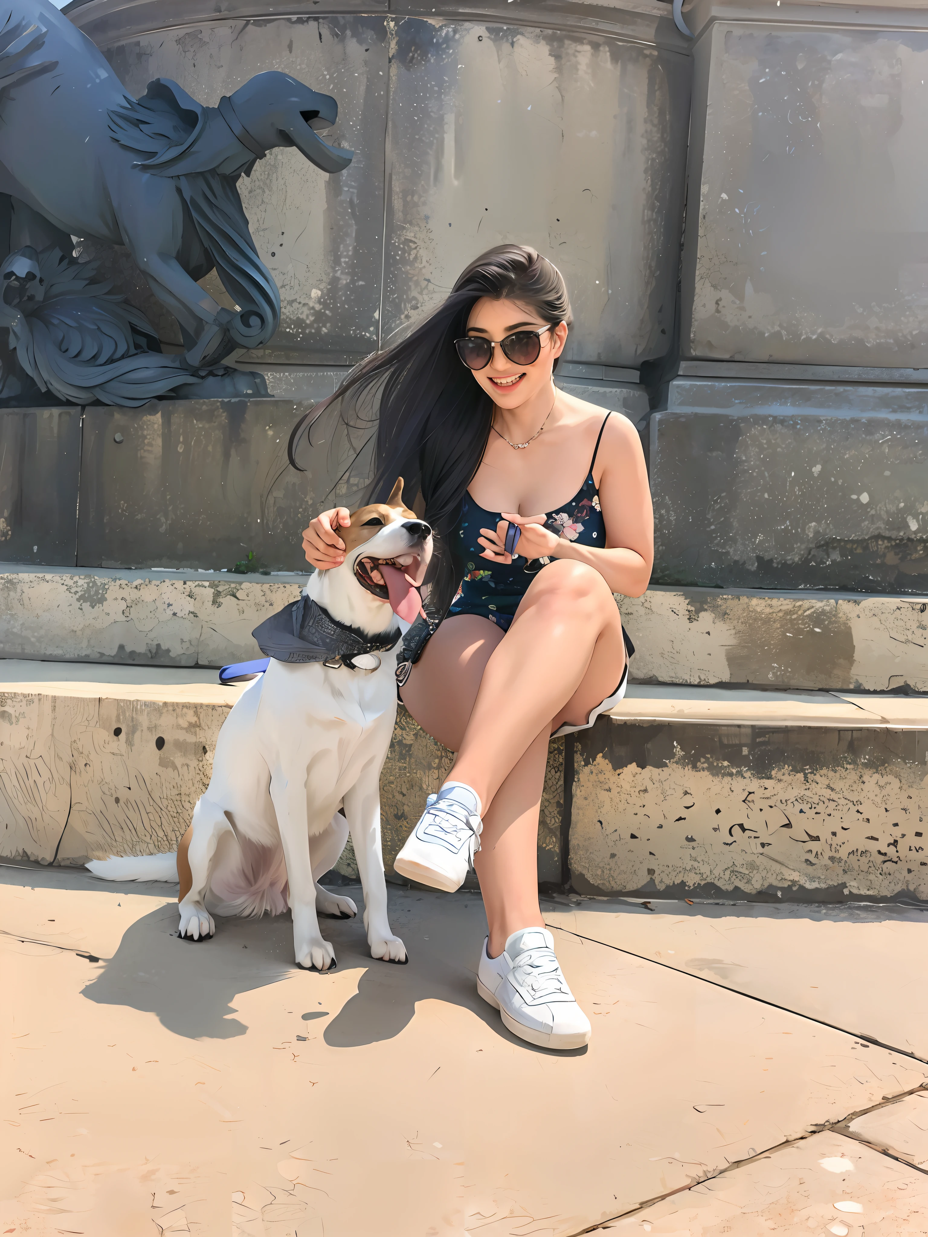 woman sitting on steps with dog in front of a statue, with a white smiling dog and with brown spots on her face, candid photo, sunny summer day, in the city, on a sunny day, with ivy, profile picture, wearing a tank top and shorts, in sunny weather, with dogs, dressed in a top and shorts, sunny day, bright sunny day in the park