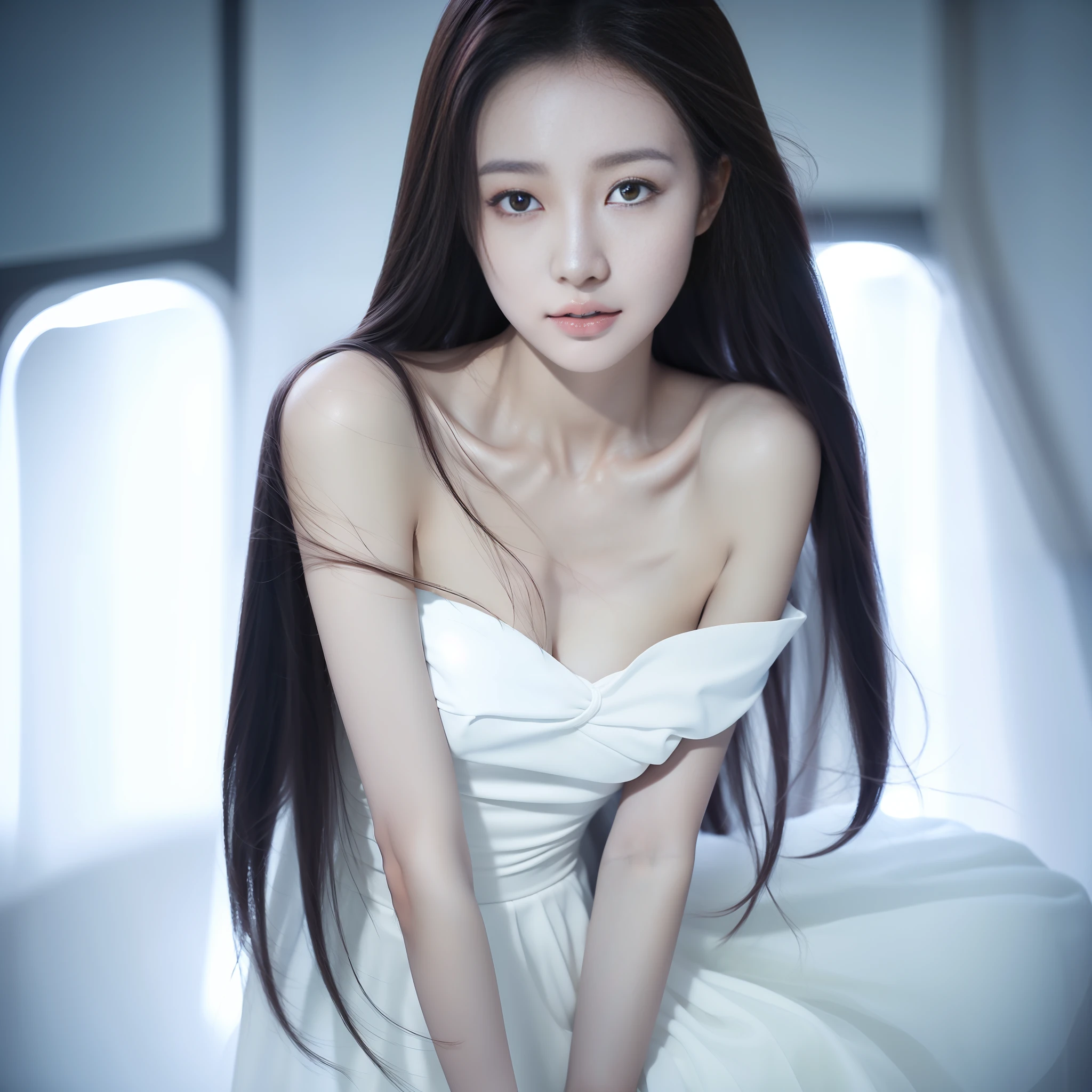 (1 cute Korean star) realistic photo shoulder-length hair, light makeup, medium breast size, dress, in school, clear facial features, 8K high resolution, clear and realistic details.