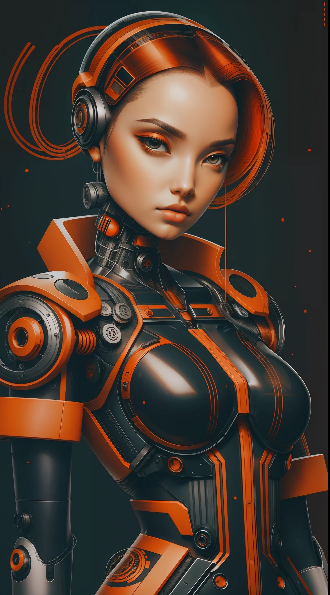 1cyborg woman with robotic arms,orange and black jacket,minimalist