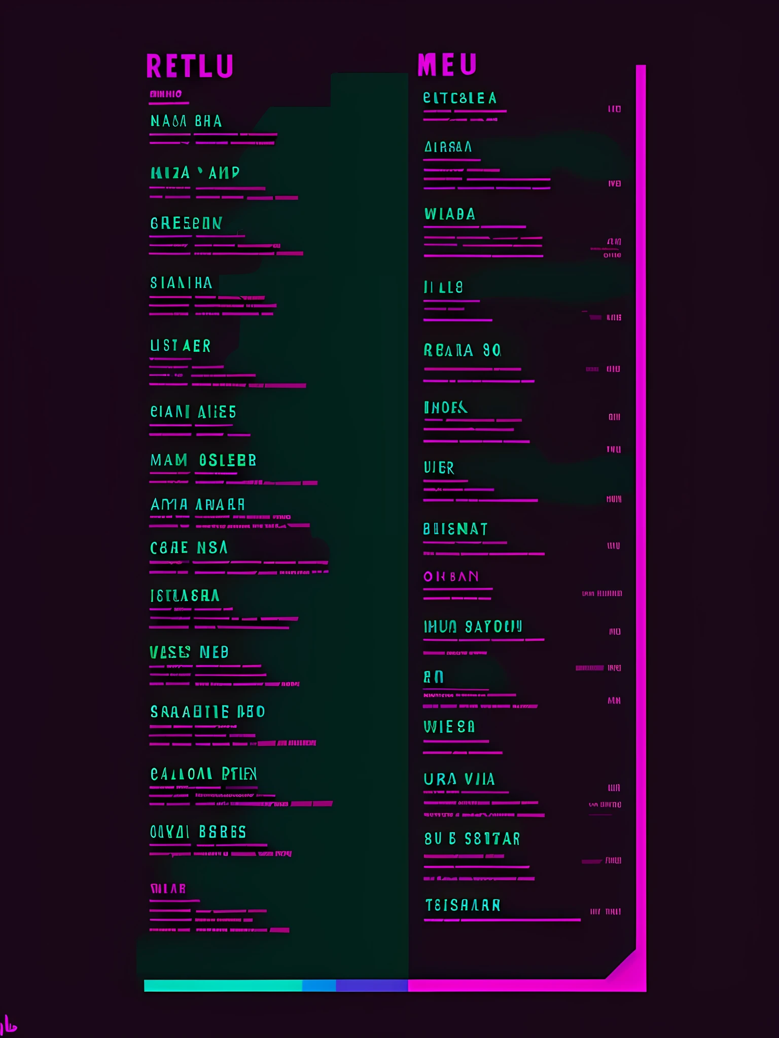 A menu of a restaurant in the style of LazrPopAI, with 5 minimalist dishes, using the colors green and purple