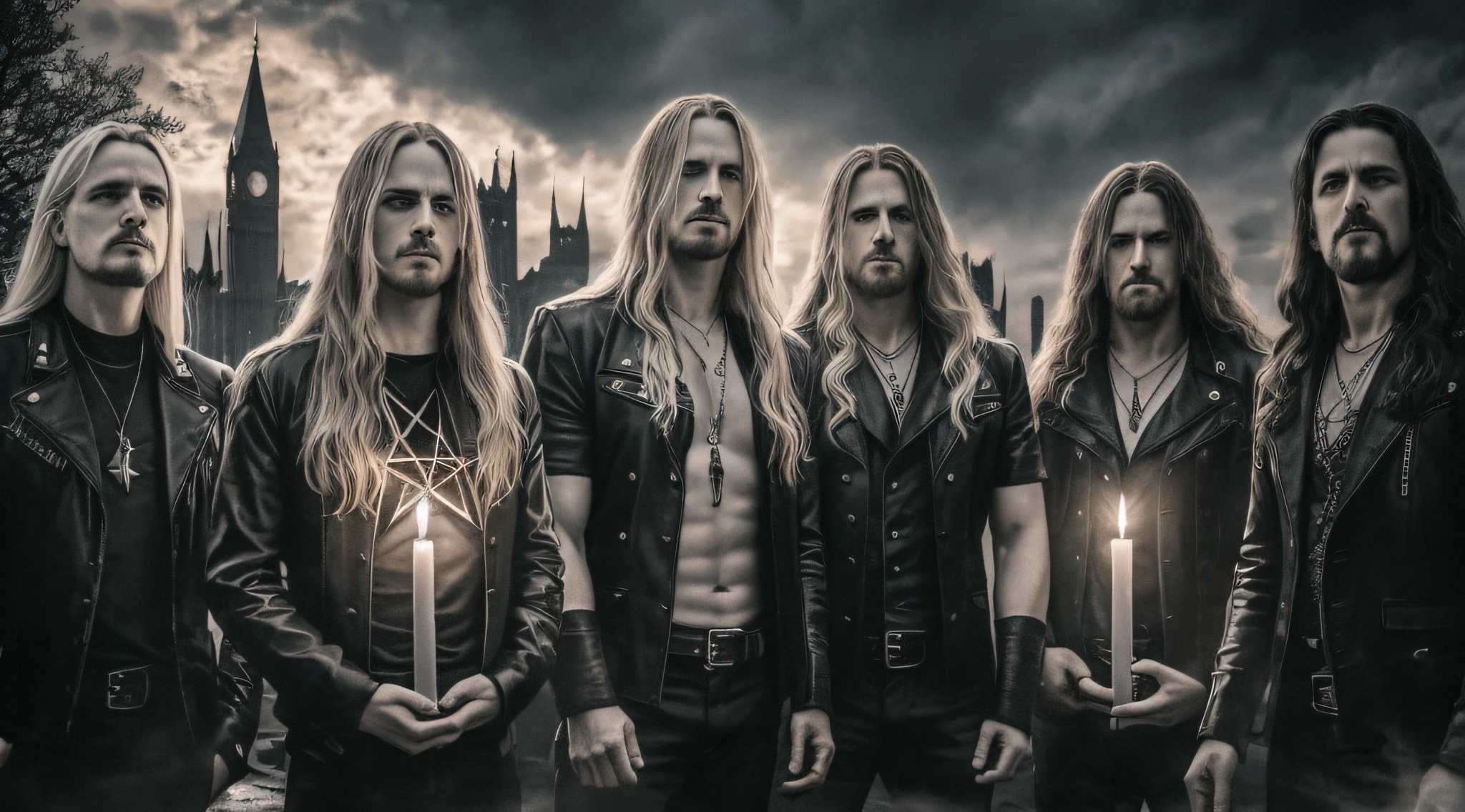 best quality, ultra high resolution, (photorealistic: 1.4), Three men LONG BLONDE HAIR, in front of a building with candles, New Wave of British Heavy Metal, Heavy Metal Band Promo, Disturbed, Heavy Rock Band Promo Photo, Caparison, Pentagram, Proto - Metal Band Promo, Megadeth, Promotional Shot, Dream Theater, Behemoth, Apocalytic, Promotional Photo, Threatening, Anvil, Draconian, Gehenna