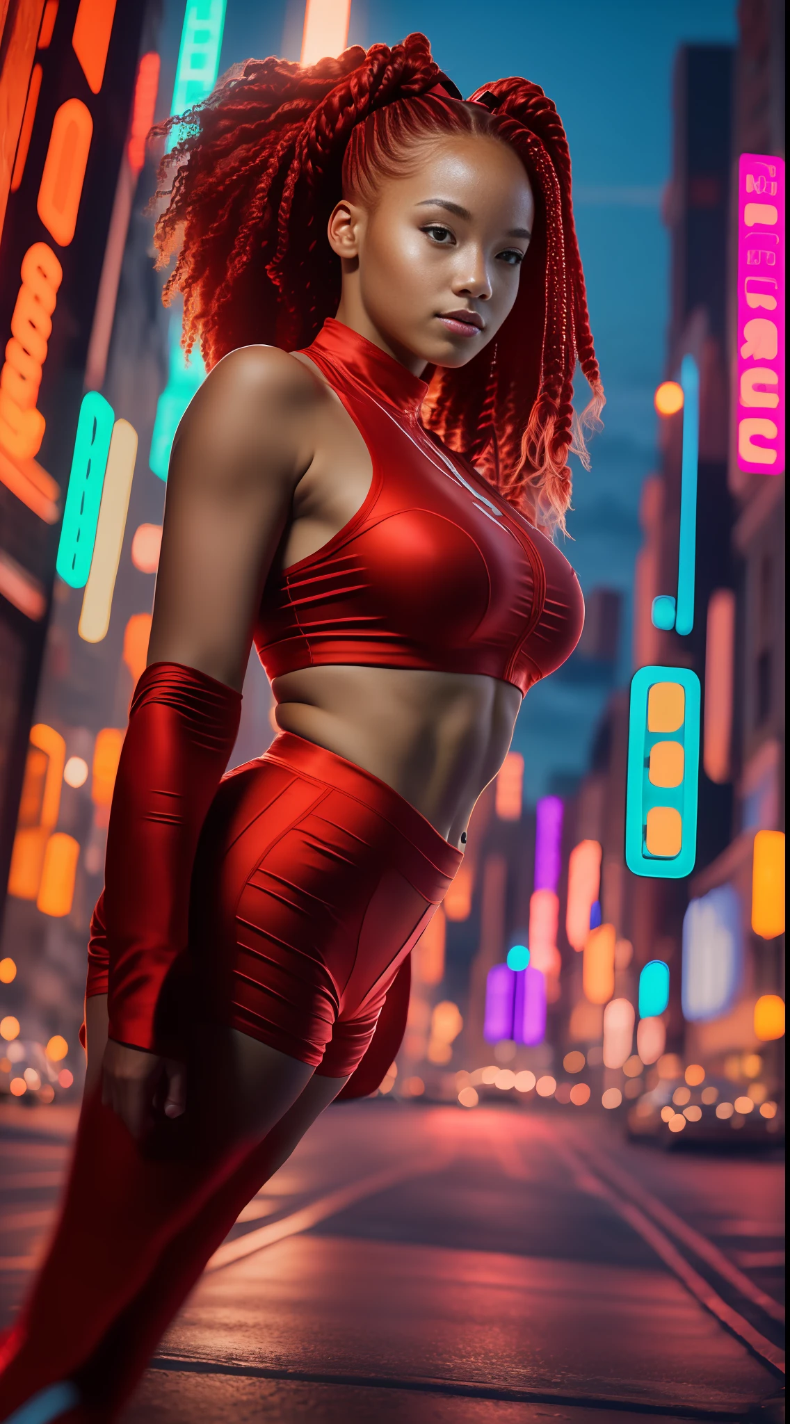 Red-haired cheerleader girl incrinada looking up for camera (first person camera angle) full body, big breasts, hair with braids,8k raw, perfect and realistic (angle from top to bottom) in the city at night neon