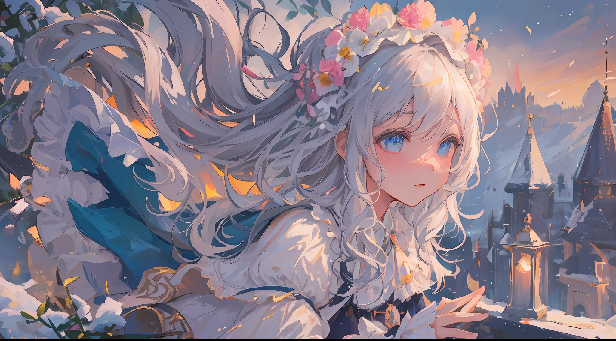 (1girl:1.2), slight blush, wavy hair, fluffy hair, capelet, lace trim, lace, frills, ta, elegant, bodice, light smile, peaceful, colorful, (winter:0.8), snow, nature, princess, royal, extremely detailed, beautiful background, white, depth of field, cinematic lighting, Ghibli-like colours, high detail, scenery, horizon, wind, wind blow, looking at viewer, lolilothes, 8k, bokeh, award winning, (masterpiece:1.3), best quality, anatomically correct, perfect hands
