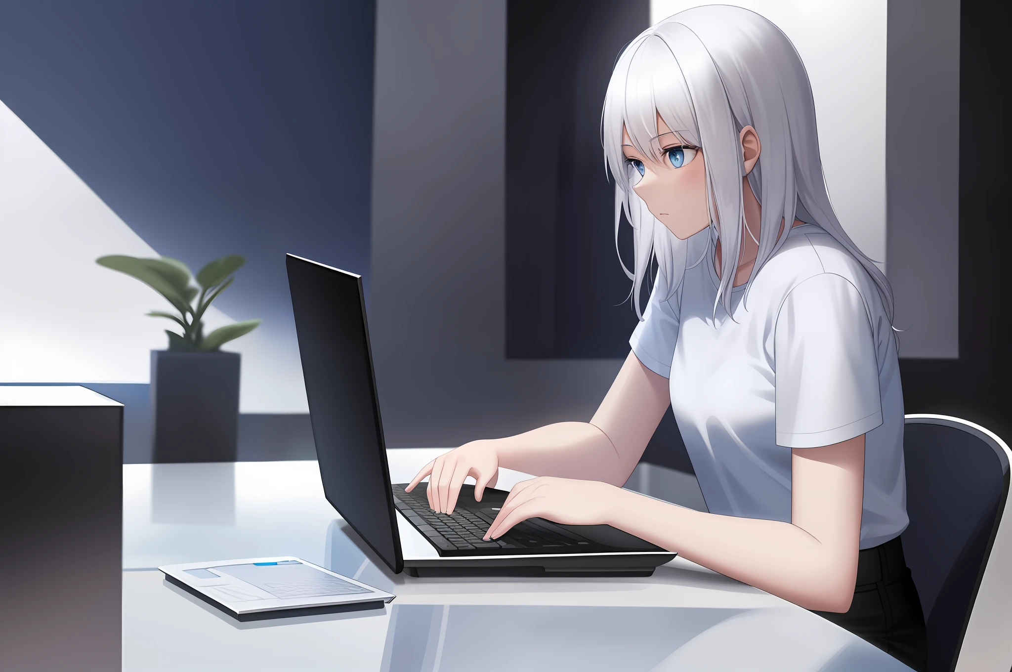 A teenage girl, white hair, blue eyes, white T-shirt, black pants, sitting at a desk with a laptop.