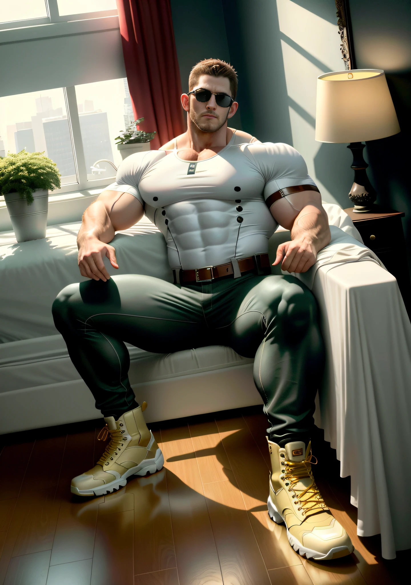 Movie poster, character design (Resident Evil - Chris Redfield, Chris Redfield) wearing smooth cream white spandex skinny, lying down and standing on a soft big bed, in an upscale luxurious bedroom, muscle male hero, heroic male pose, tall burly, muscular! Wearing sunglasses, sexy charming muscular leg muscles, tall burly and strong, smooth cream white spandex skinny, super gain and cool, high resolution committee, cream white combat boots, attractive strong men, blazing sunlight shining through the window