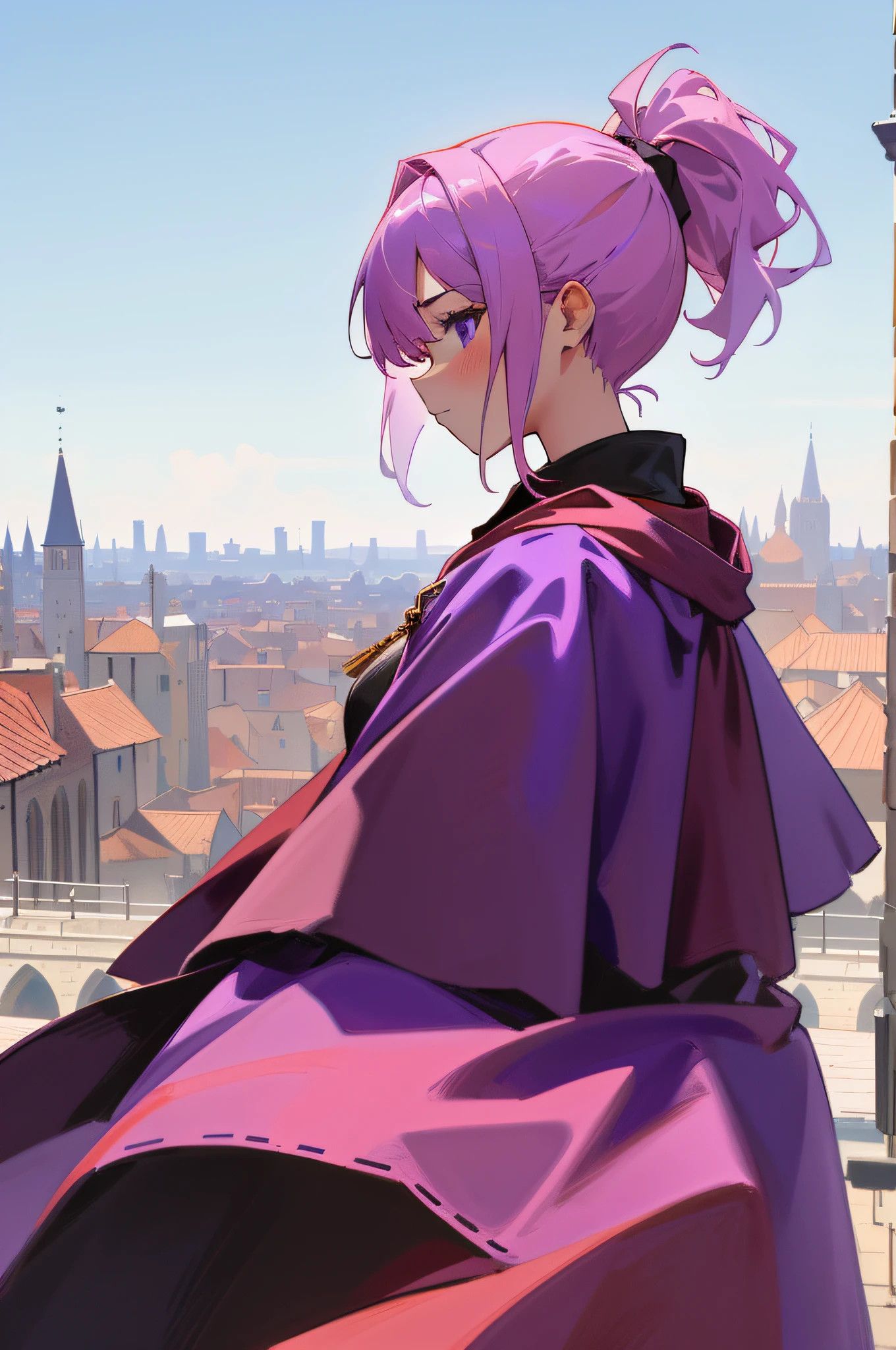 (best quality, masterpiece), 1girl, (seen from the side:1.2), {long pink ponytail}, far view, medieval city rising in background, serious expression, (purple cloth cloak:1.2), high-definition, detail representation, complex details, 8k