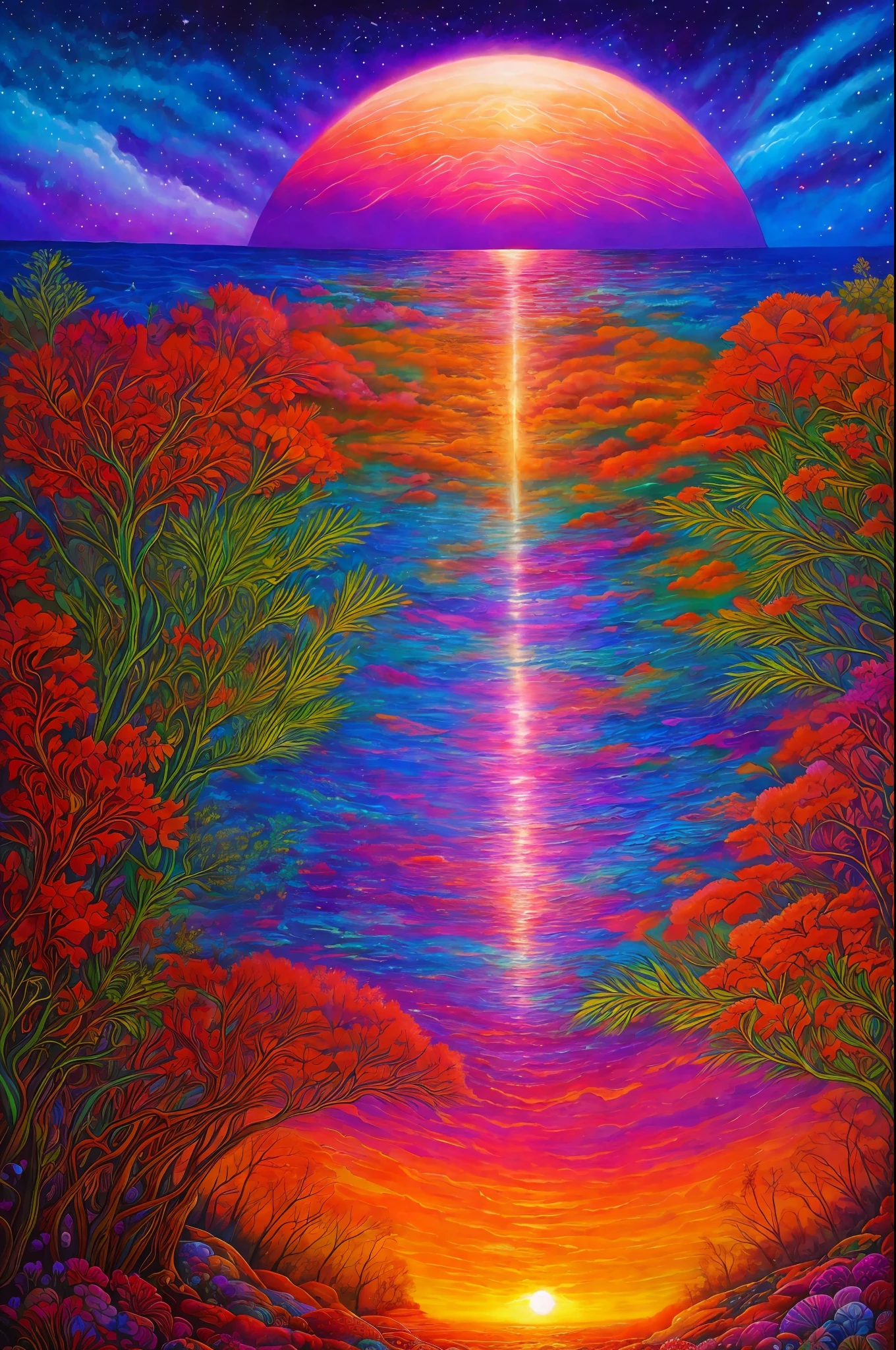 psychedelic, intricate, hyper detailed, artistic, sunset in a cosmic beach with forest