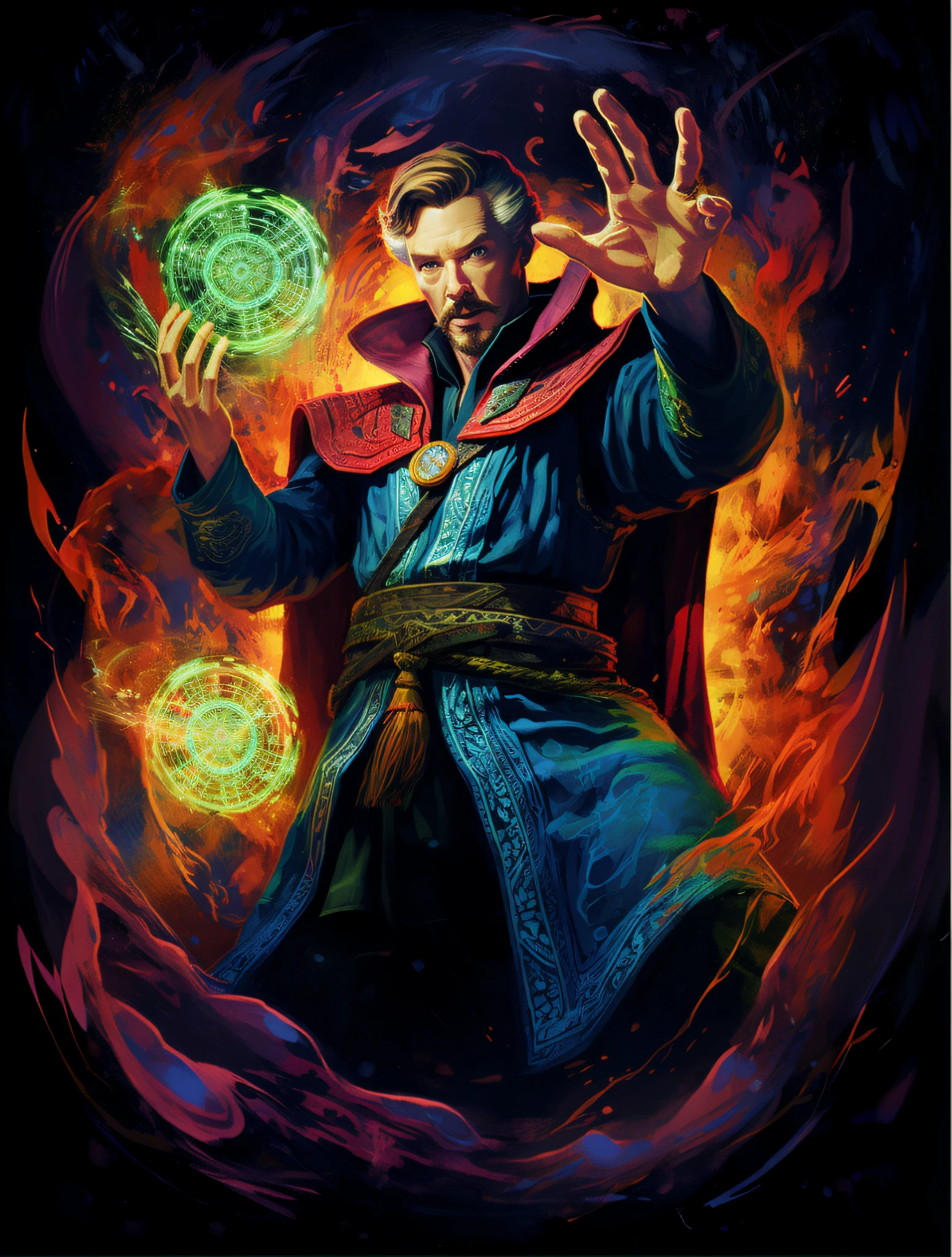 arafed image of a man in a robe holding a glowing orb, doctor strange, dr strange, evil male sorcerer, portrait of a mage, an arcane wizard casting a spell, full portrait of elementalist, closeup portrait of an mage, evil sorcerer, walter white as doctor strange, full portrait of electromancer, sorcerer