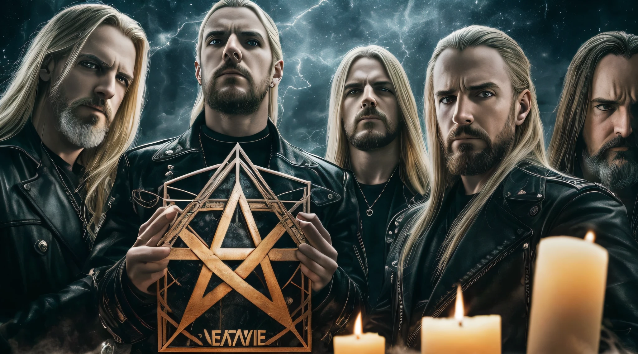 best quality, ultra high resolution, (photorealistic: 1.4), Three men LONG BLONDE HAIR, in front of a building with candles, New Wave of British Heavy Metal, Heavy Metal Band Promo, Disturbed, Heavy Rock Band Promo Photo, Caparison, Pentagram, Proto - Metal Band Promo, Megadeth, Promotional Shot, Dream Theater, Behemoth, Apocalytic, Promotional Photo, Threatening, Anvil, Draconian, Gehenna