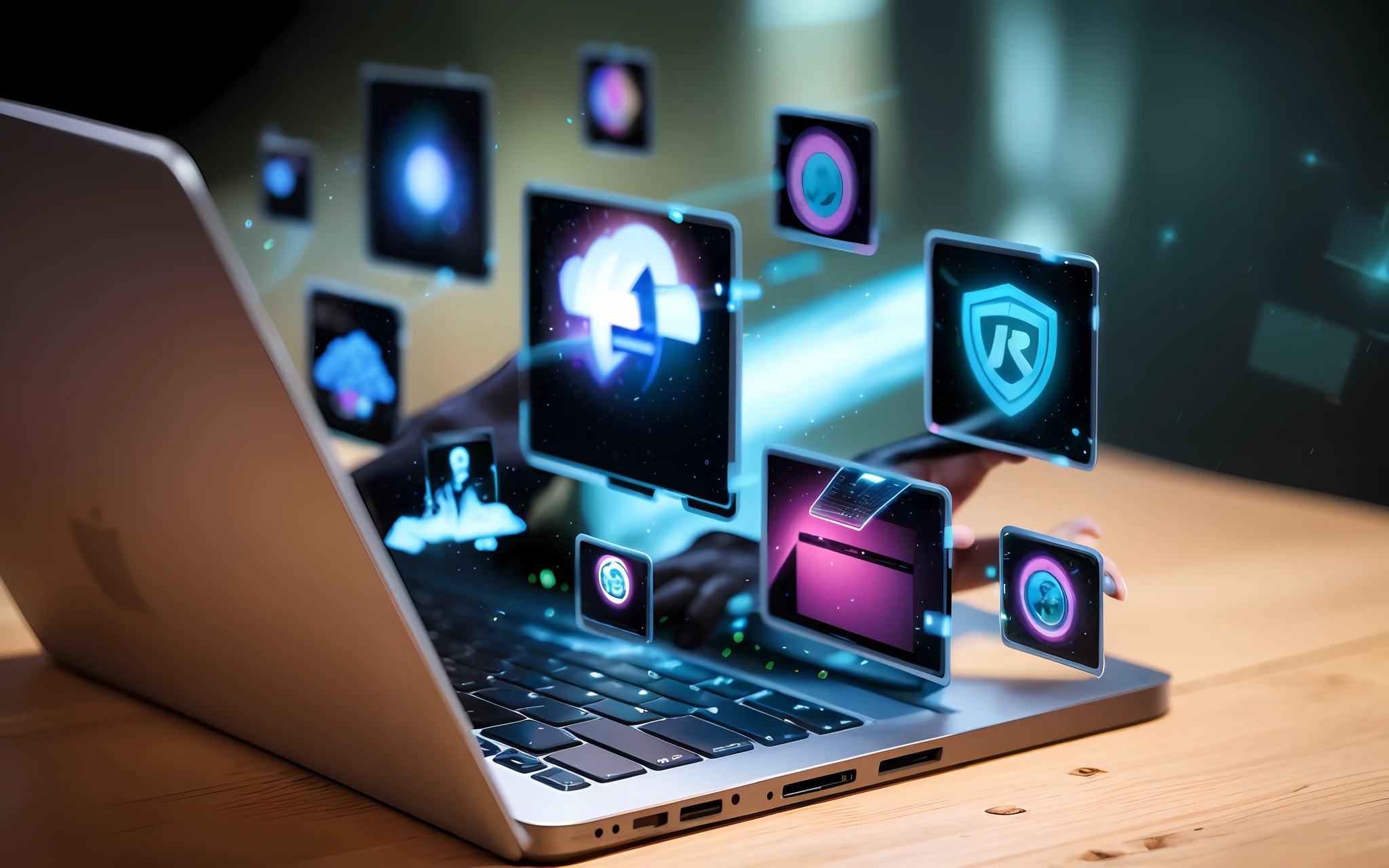 someone using a laptop with a lot of icons on it, take control of your data, on a dark background, data holograms, ad image, explosion of data fragments, thumbnail, computers and holograms, exploitable image, detailed image, computer, 🤬 🤮 💕 🎀, shutterstock, it, reduce duplication interference, technical, technological