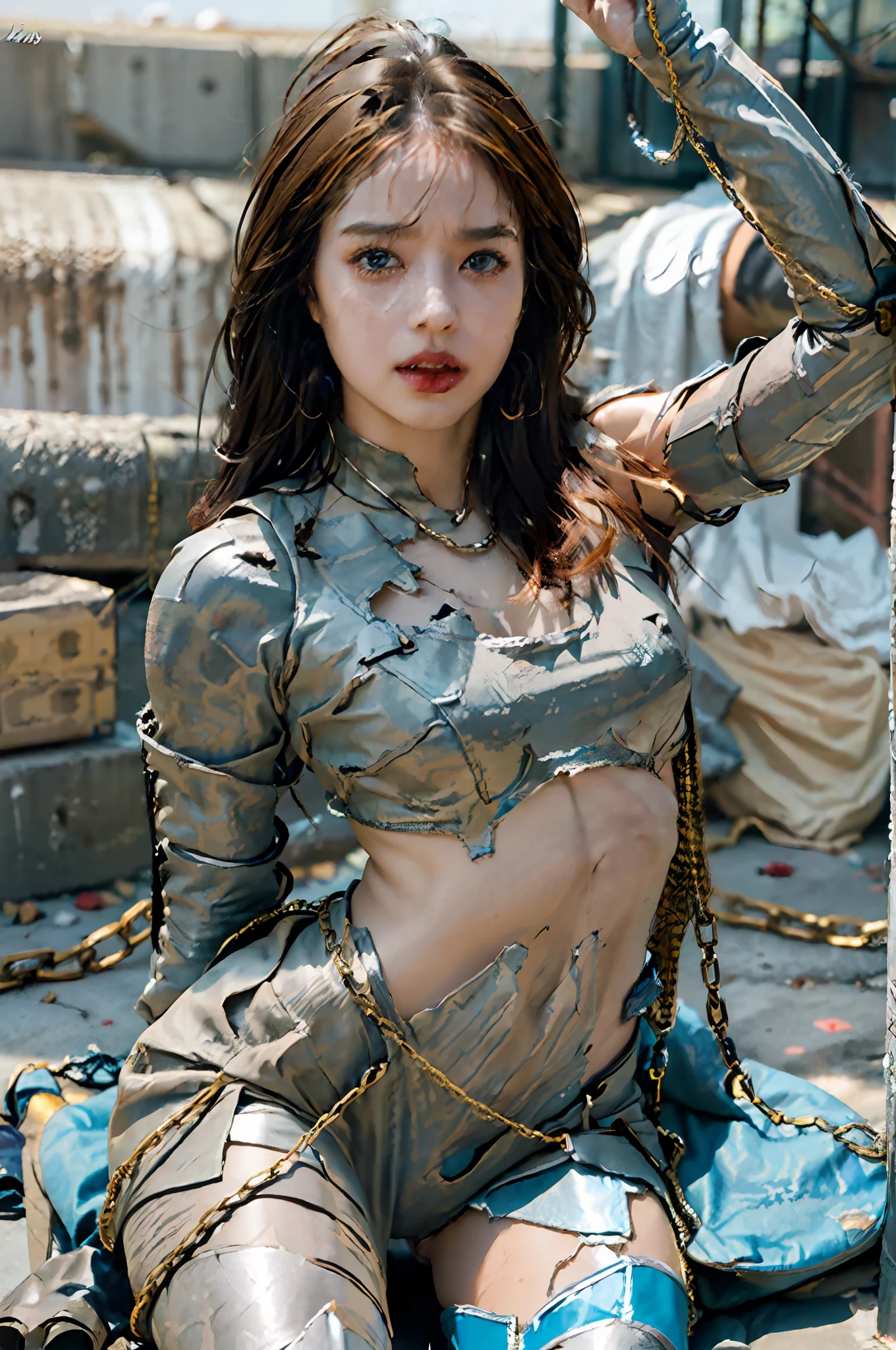 - [ ] photo, Sharpness, unique 850 4, Koda850 k portrait camera, F1.6 lens, ultra-realistic textures, spectacular light textures, Cinestil 800 fashion mechanics, Beautiful girl with accentuated slender abs: 1.4, ((the tip is protruding, the areola protrudes, the shape of the pubic area is clearly visible)), Six Pack Abs: 1.4, Bust Botox,  ((a beautiful Japanese girl straddling the iron bar)), standing on tiptoe, ((wearing a torn sheer costume of a superheroine)),(no panties, no bra)), wet crotch, wet thighs,(futuristic sci-fi battle fashion, elbow and knee cyberpad, cyber long boots, cyberglove: 1.1), (tied perfectly by chain), restraint, slave, collars, contempt, (((tears flow, cry with pain)), sweating, ((wide prison with sunlight)), dark fantasy, peeling of the ceiling, broken slabs, rebar between cracks, realistic material details, extreme details, ultra-realistic materials, broken walls, ((torn costume)), wet, (chained), ((big emphasized by chains)), ((chains digging into the crotch)), hands tied behind the back, invisible hands, shredded costumes, broken golden shields and battle spears, long combat boots with white knee pads, white combat gloves, combat shoulder armor, junkyard, blood splattered on the face, blood splattered, realistic, (bruises, dirty, ripped clothes, skimpy clothes, blood: 1.3), brown hair, long hair, torn cloak, Torn pantyhose, long legs, ((iron pipe into the crotch)), metallic shackles and fetters, ((4 chains hung from heaven)), wet crotch clearly visible, sword and shield made of Swarovski at the feet, anatomical, (futuristic sci-fi battle fashion, cracked elbow and knee cyberpads, torn cyberlong boots, torn cybergloves: 1.1), ((Both wrists are restrained above the head)))(( The left leg is tied and suspended at the knee)), 10 chains radiating from the back, chained shackles and fetters, restraints, slaves, collars, contempt, ((tears flow, cry with pain)), sweating, (vast prison with sunlight), dark fantasy, peeling ceilings, broken slab