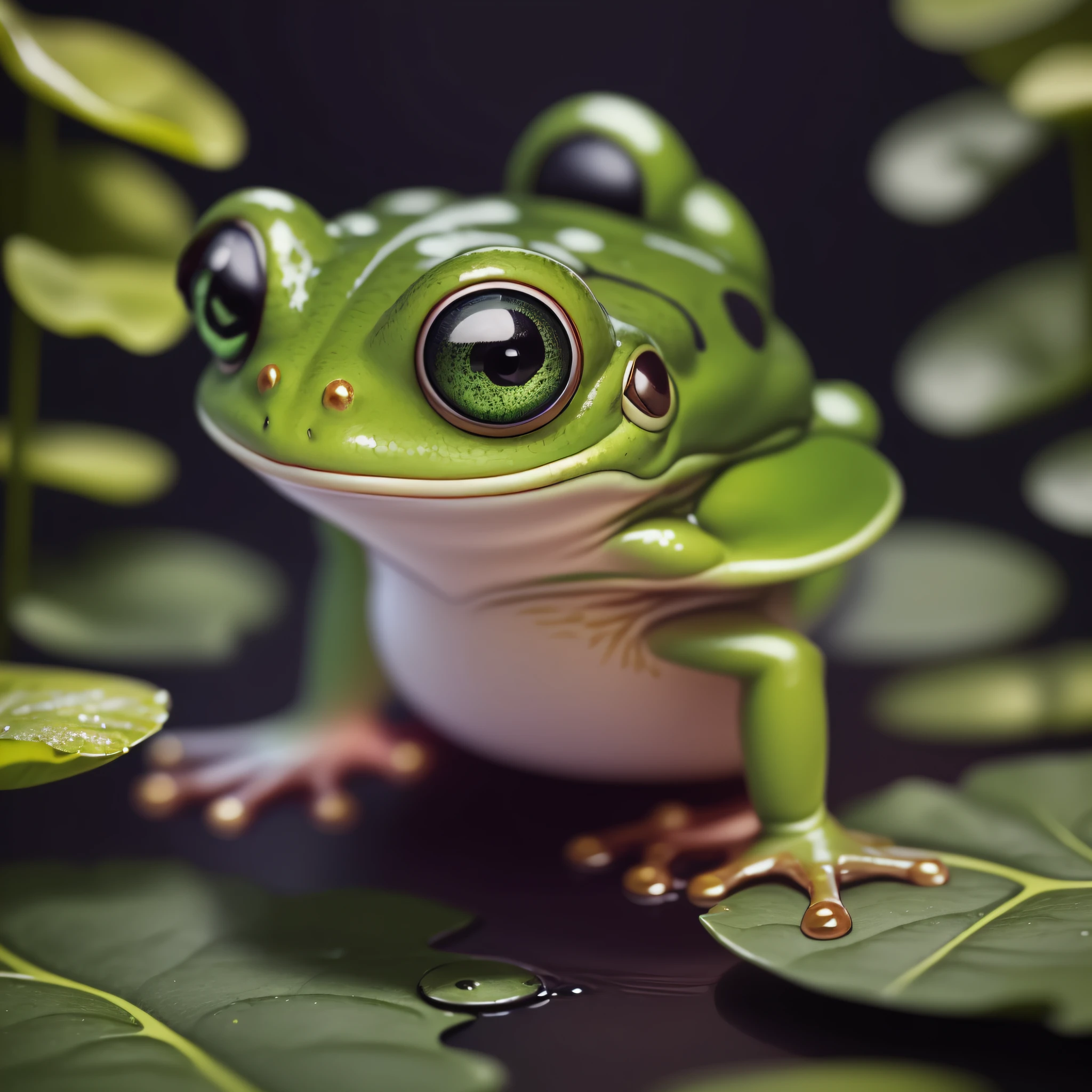 ((Masterpiece, Top Quality, Best Quality, Beauty and Aesthetics: 1.2, 32K, Masterpiece: 1.2)), a cute little frog with a bright green body. It has large, round eyes that flash bright black. Its mouth opened slightly, as if it was calling out happily. The little frog stands on a moist lotus leaf and jumps flexibly on all fours, creating a vibrant picture.
