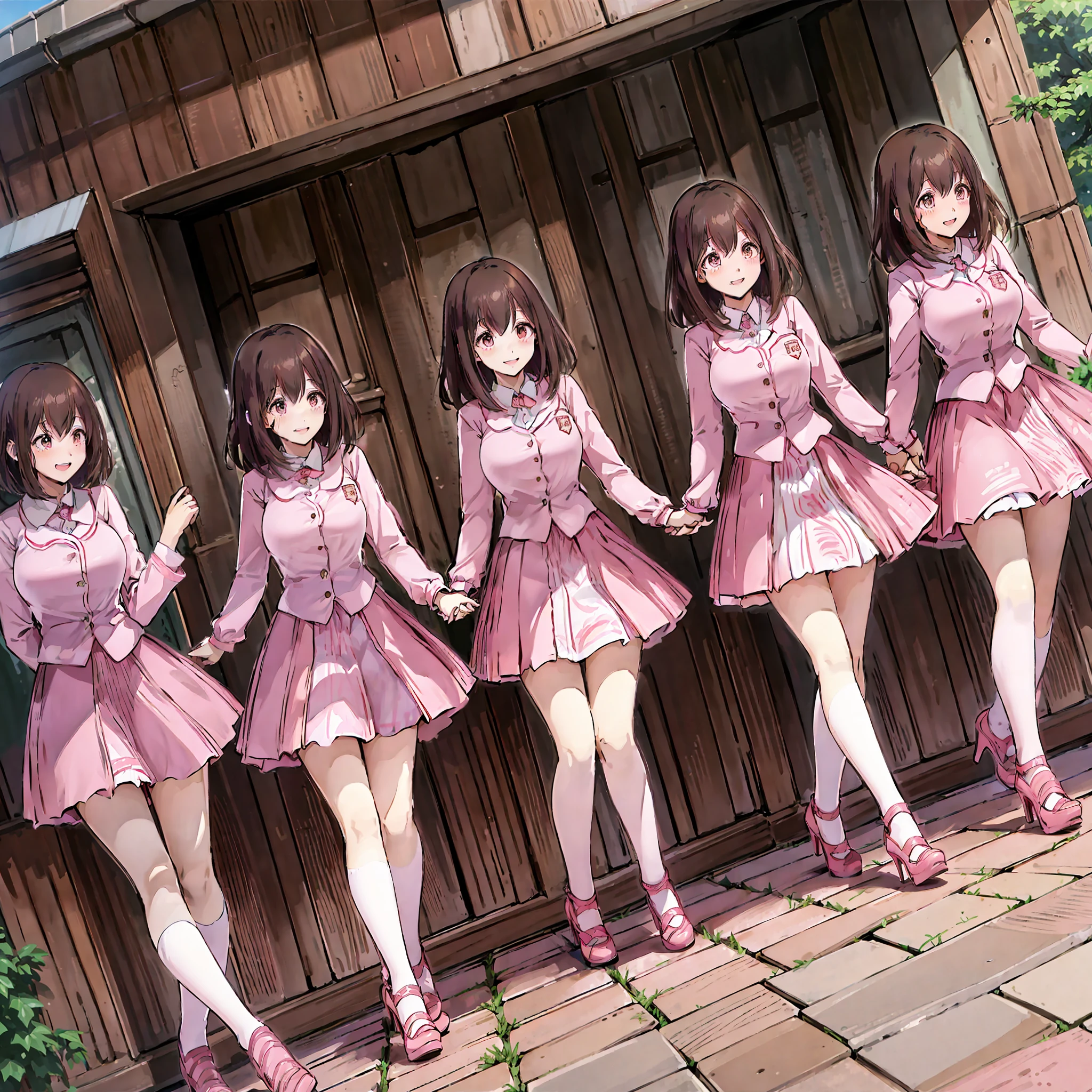 perfect anime illustration, multiple girls, thousands of girls, millions of girls, rich girls, clones, identical sisters, sisters crowded together, sisters in background, brown hair, curly hair, matching hairstyle, hazel eyes, smiling, ((matching outfits, pink uniform, high heels)), matching hairstyles, white background, highres, full body, sisters marching