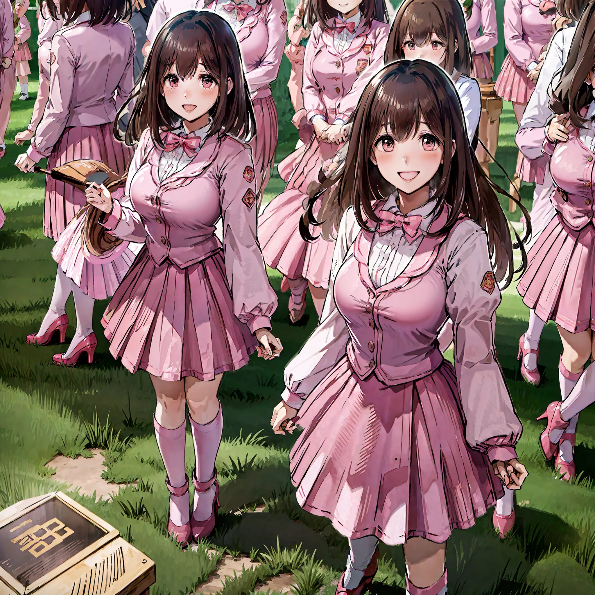 perfect anime illustration, multiple girls, thousands of girls, millions of girls, rich girls, clones, identical sisters, sisters crowded together, sisters in background, brown hair, curly hair, matching hairstyle, hazel eyes, smiling, ((matching outfits, pink uniform, high heels)), matching hairstyles, white background, highres, full body, sisters marching