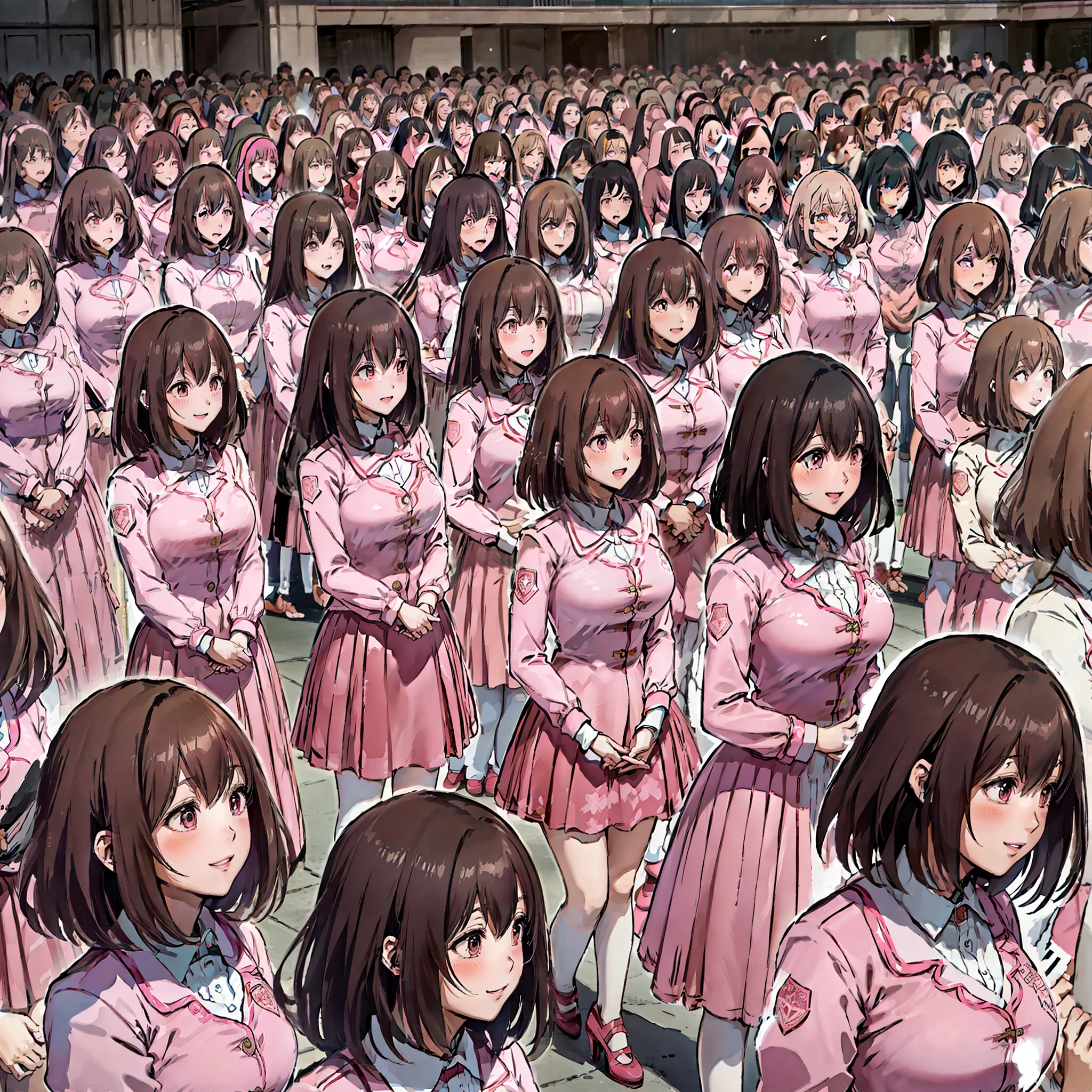 perfect anime illustration, multiple girls, thousands of girls, millions of girls, rich girls, clones, identical sisters, sisters crowded together, sisters in background, brown hair, curly hair, matching hairstyle, hazel eyes, smiling, ((matching outfits, pink uniform, high heels)), matching hairstyles, white background, highres, full body, sisters marching