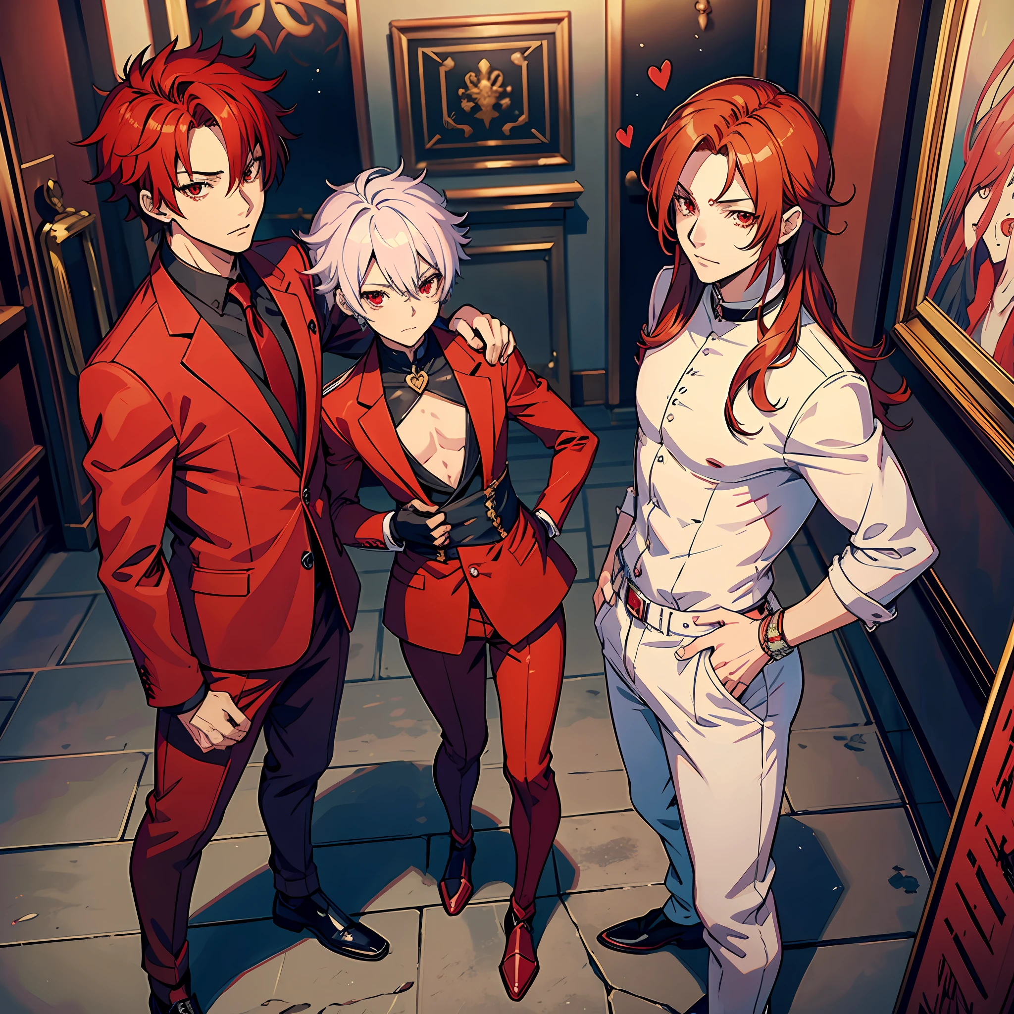 "Manga style anime, masterpiece, best quality, collector of hearts, monster boy, gray skin, red hair, red eyes, red suit, elegant, sexy, femboi, cute, full body."alone