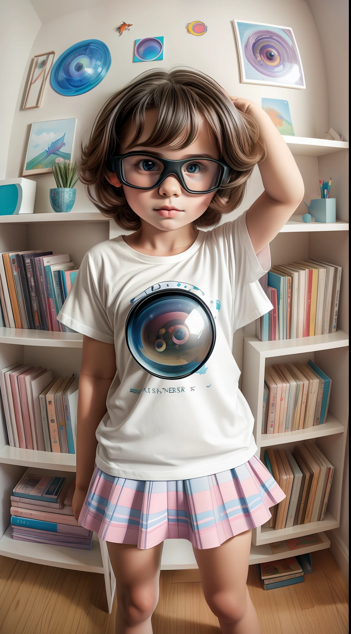 artistic photography (((fisheye))) 35mm,1beautiful nerd girl,white t-shirt with children's drawing,in a nerdy room,minimalist,pastel colors