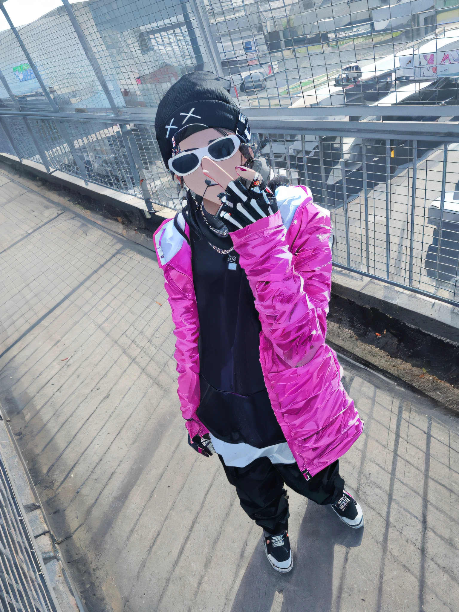 Araffe wearing a pink jacket and black beanie talking to mobile, wearing cyberpunk streetwear, cyberpunk streetwear, wearing Japanese techwear, Japanese streetwear, look and techwear clothes, she is wearing streetwear, wearing urban techwear, streetwear fashion, pink dayglo, female streetwear blogger, photograph of a techwear woman, fashwave, wearing space techwear