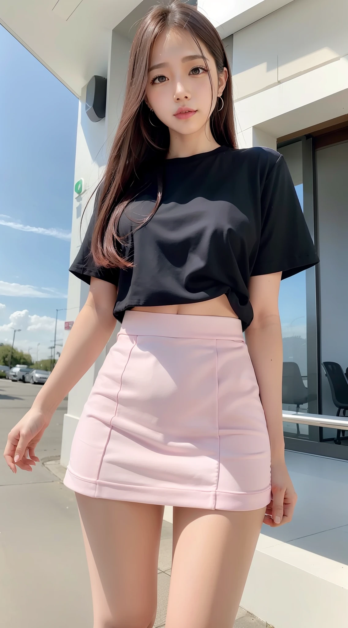 Pink panties are visible through the gap in the skirt