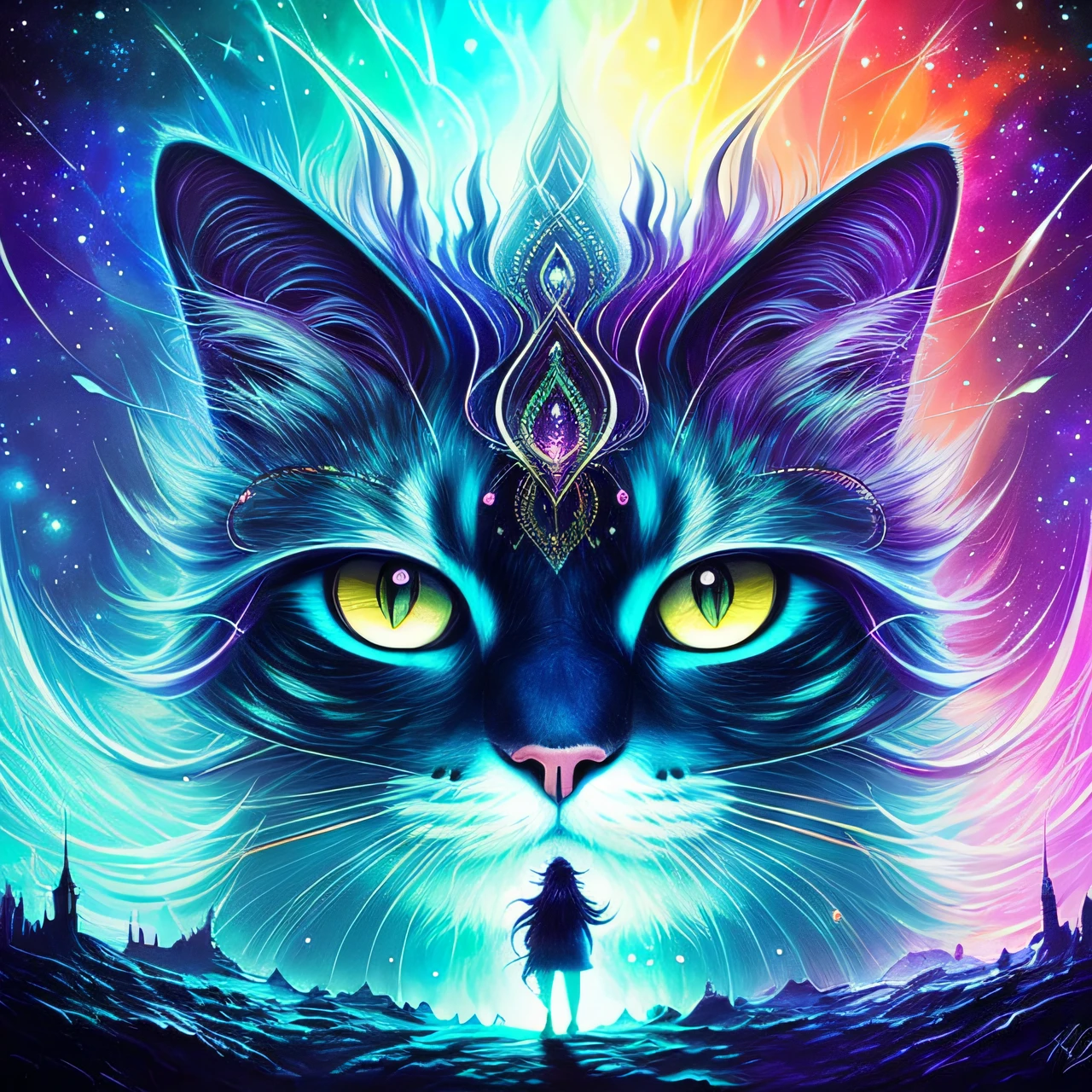 masterpiece, best quality, lifelike, an adult persian cat hair blends into it, (vibrant rainbow pastel paint throughout the coat), smile, only the cat's head shows