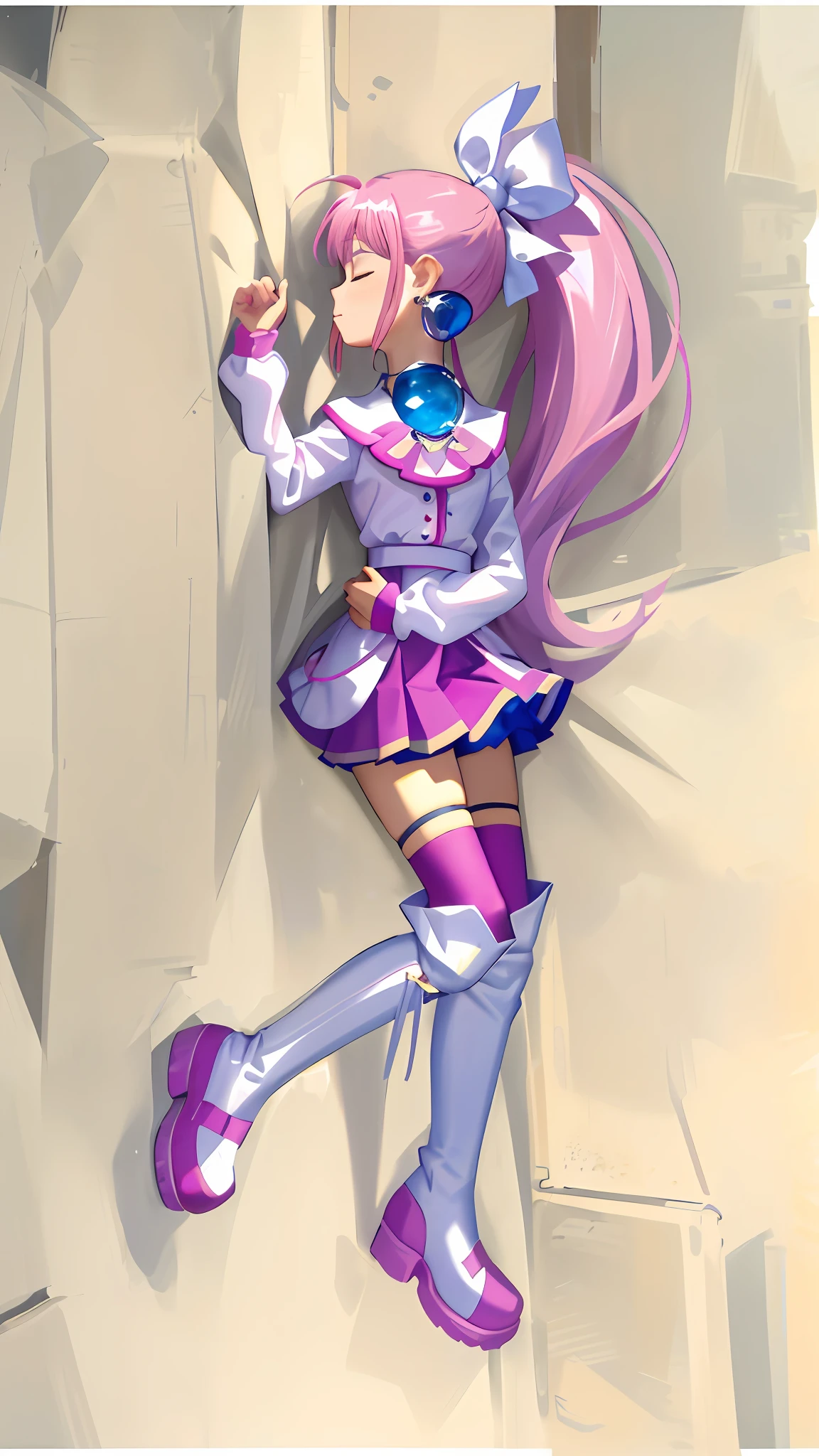 (Masterpiece: 1.5), (Best quality: 1.5), 8k,1 girl, closed eyes, pink hair, single ponytail, white top, pink pleated skirt, pink over-the-knee socks, white long boots, sapphire earrings, sapphire necklace, simple background, beach