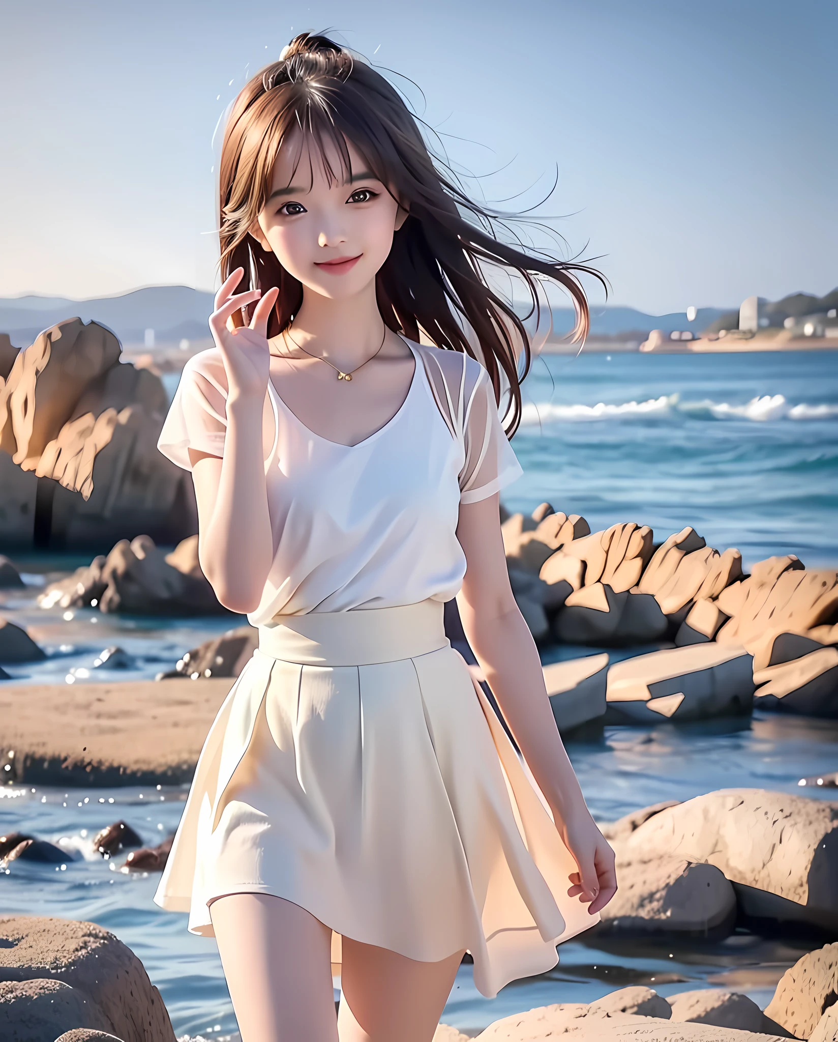 Coastal beauty, 1girl, (bright eyes, sun-kissed skin, carefree expression), beach background, lighthouse, soft sea breeze, playful pose, dynamic composition, golden hour lighting, blurred background, rich colors, fine details, surreal, 50mm lens, relaxing atmosphere. Portrait photography, 35mm film, natural blur, (upper body white wrapped chest, lower body long skirt), underage girl, good fingers, smile, full body, slender legs, young girl body proportions