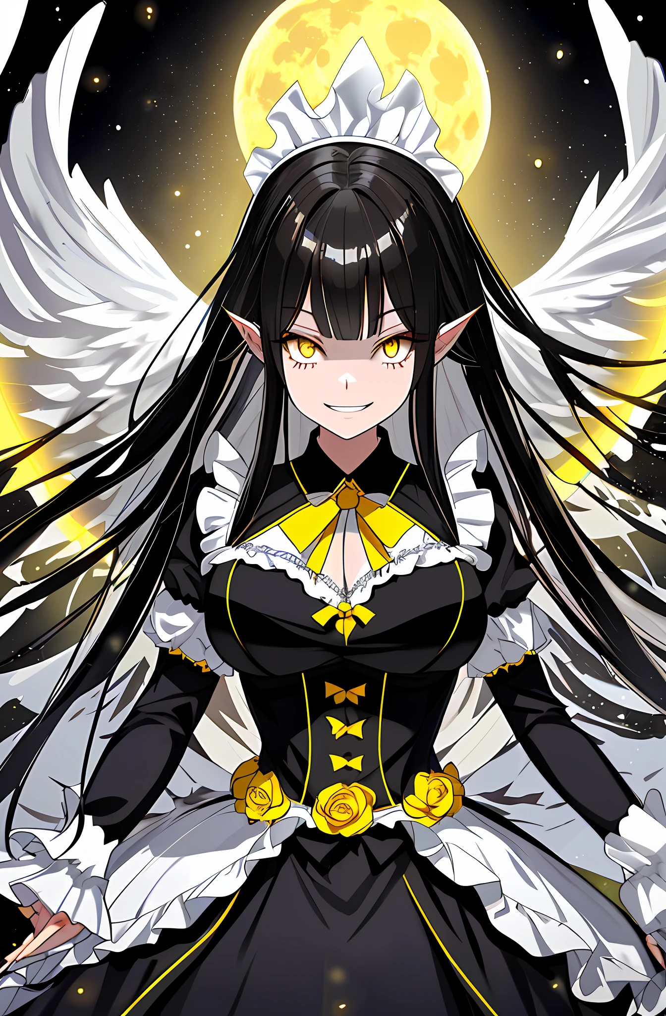 Dark yellow eyes, black hair, black maid outfit, 1girl, large breasts, light grin, 1girl, glassy eyes, hands behind back, arms behind bac, arms out of frame, arms behind back, hands out of frame, reflective eyes, eyes perfect details, glassy eyes, dark yellow eyes, silver corridor background, full body, black stockings, moon