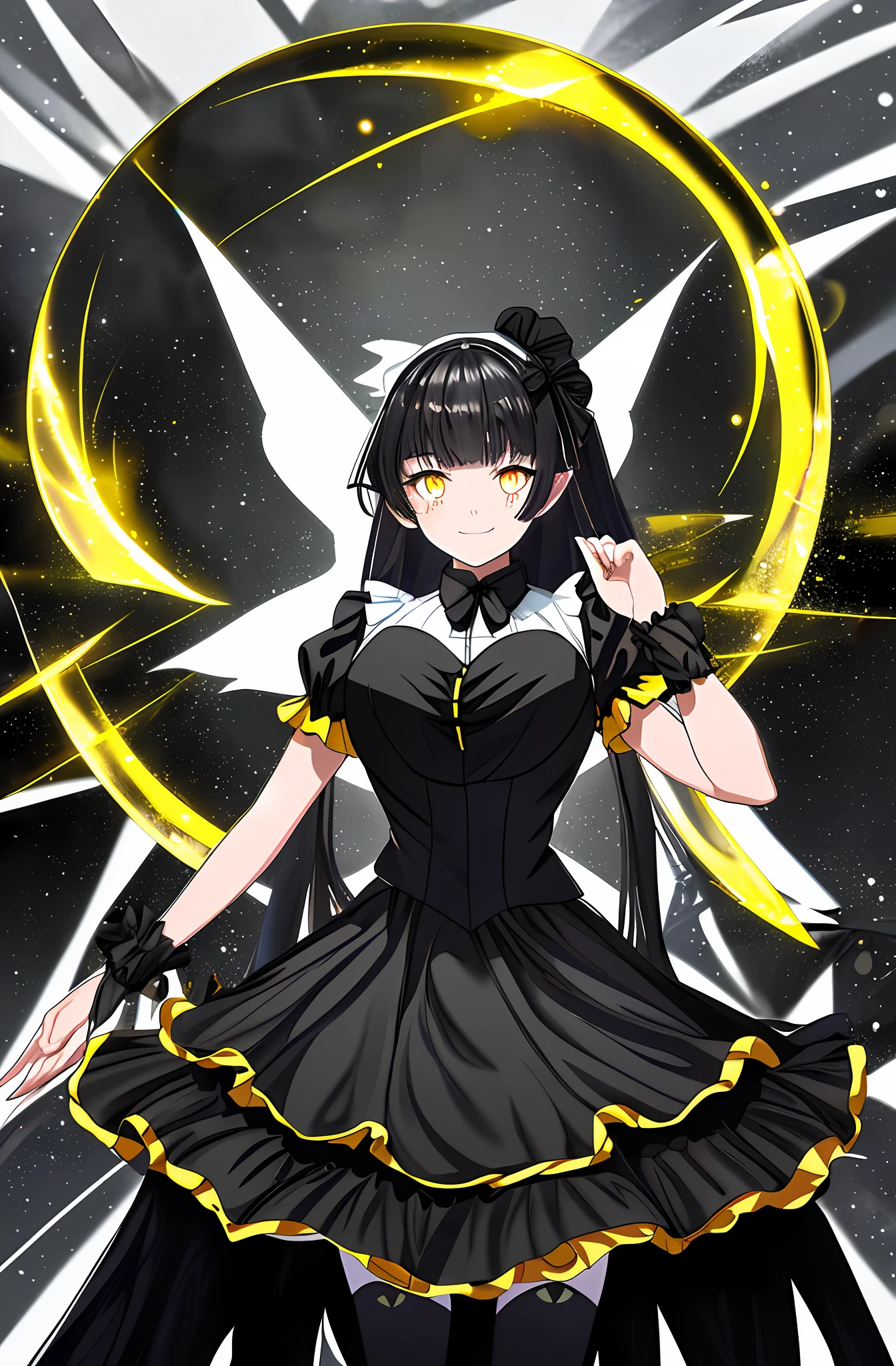 Dark yellow eyes, black hair, black maid outfit, 1girl, large breasts, light grin, 1girl, glassy eyes, hands behind back, arms behind bac, arms out of frame, arms behind back, hands out of frame, reflective eyes, eyes perfect details, glassy eyes, dark yellow eyes, silver corridor background, full body, black stockings, moon