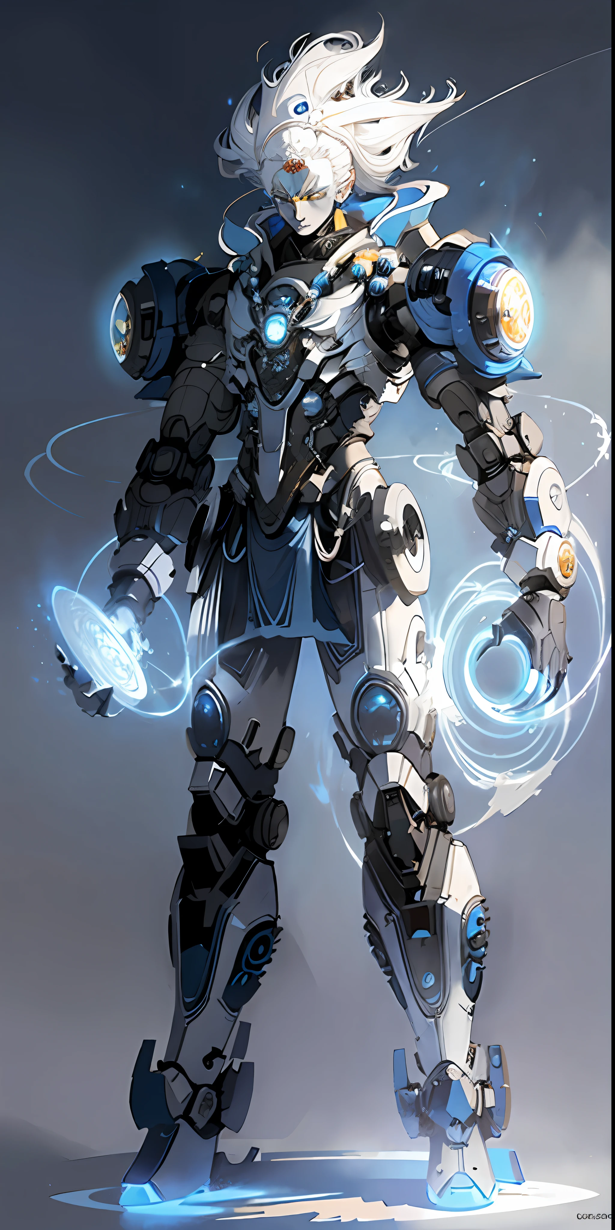 Fantz cartoon robot design, 1 boy, mecha, white hair, one blue eye, different pupils, Buddha beads, full body, proportions, glowing circle on the back