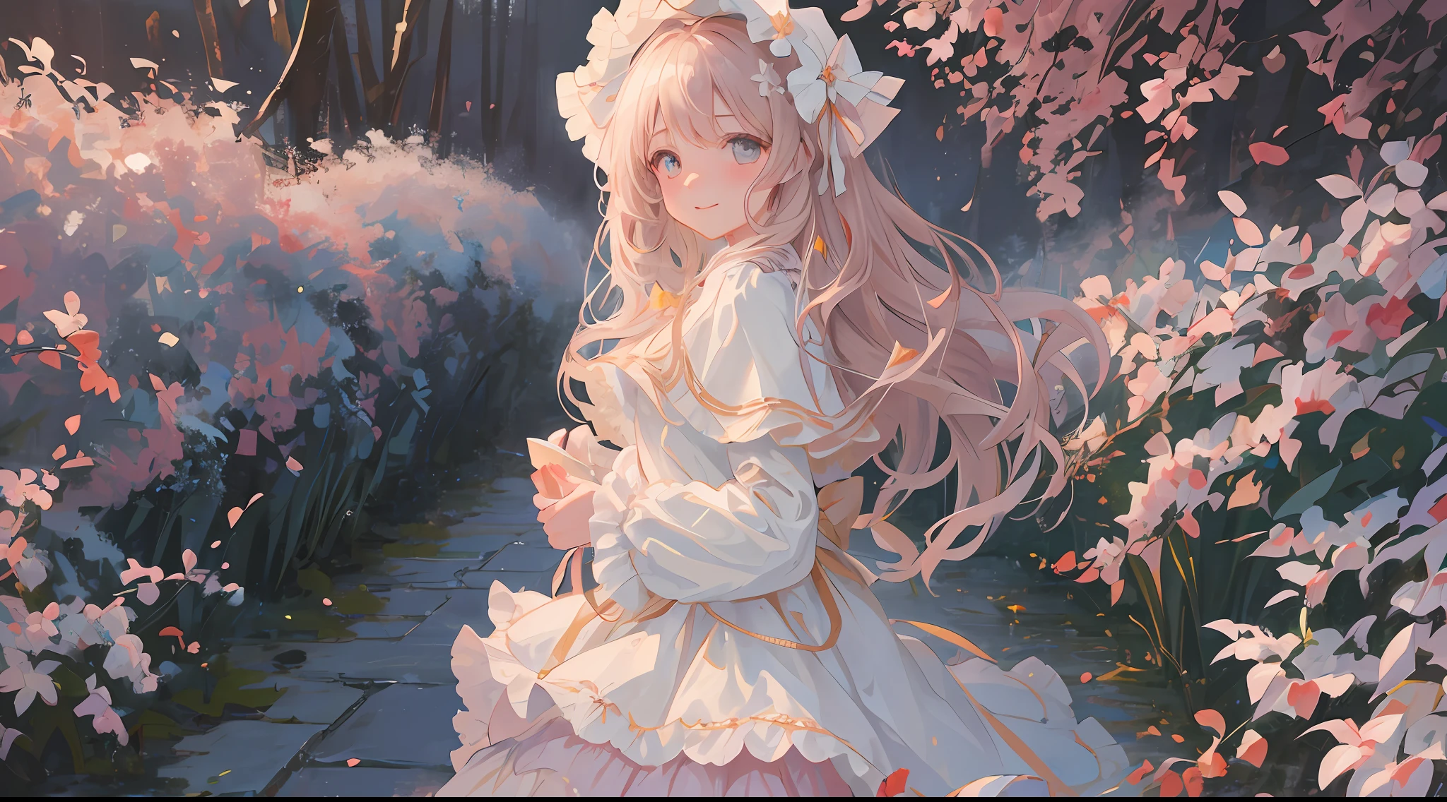 (1girl:1.2), slight blush, wavy hair, fluffy hair, capelet, lace trim, lace, frills, ta, elegant, bodice, light smile, peaceful, colorful, (winter:0.7), (flowers:0.7),, nature, princess, royal, extremely detailed, beautiful background, white, depth of field, cinematic lighting, Ghibli-like colours, high detail, scenery, horizon, wind, wind blow, looking at viewer, lolilothes, 8k, bokeh, award winning, (masterpiece:1.3), best quality, anatomically correct, perfect hands
