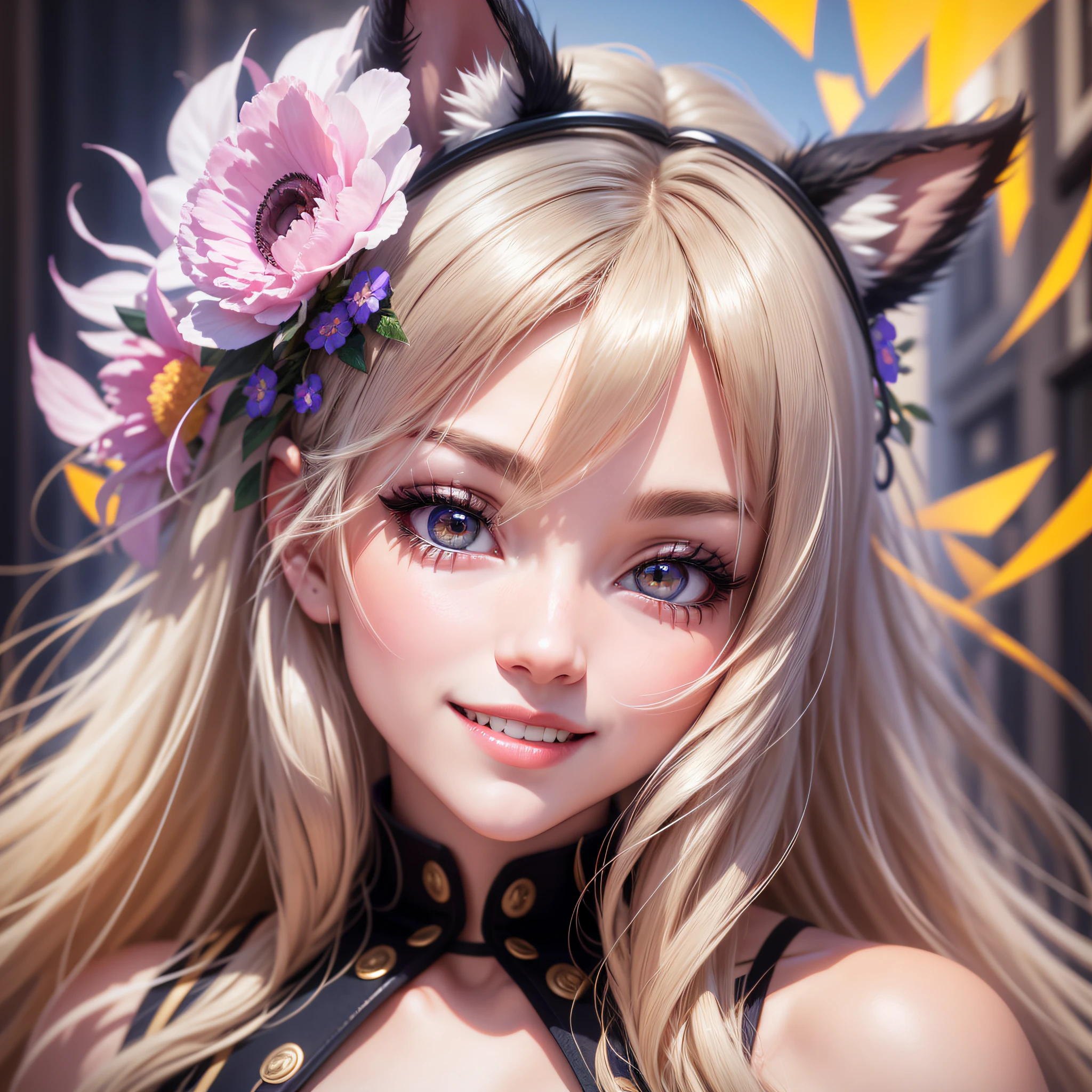 black hair, hair bobbles, wince, longeyelashes, solid circle eyes, fake animal ears, light smile, ear blush, fang, blonde hair, hair flower, longeyelashes, color contact lenses, smile, Surrealism, drop shadow, anaglyph, stereogram, tachi-e, pov, atmospheric perspective, f/1.2, Sony FE, 8k, super detail, ccurate, best quality --auto --s2