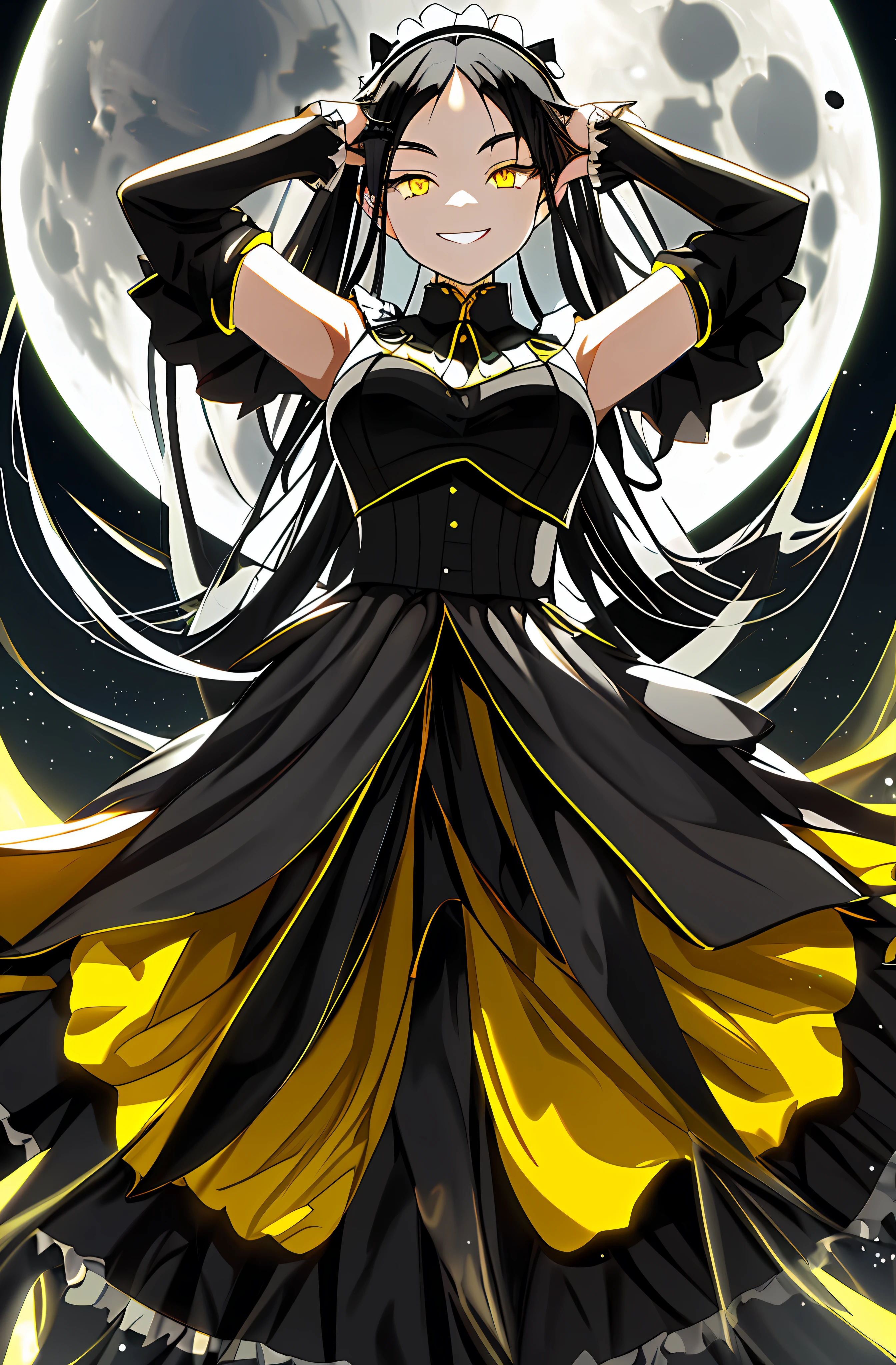 Dark yellow eyes, black hair, black maid outfit, 1girl, large breasts, light grin, 1girl, glassy eyes, hands behind back, arms behind bac, arms out of frame, arms behind back, hands out of frame, reflective eyes, eyes perfect details, glassy eyes, dark yellow eyes, silver corridor background, full body, black stockings, moon