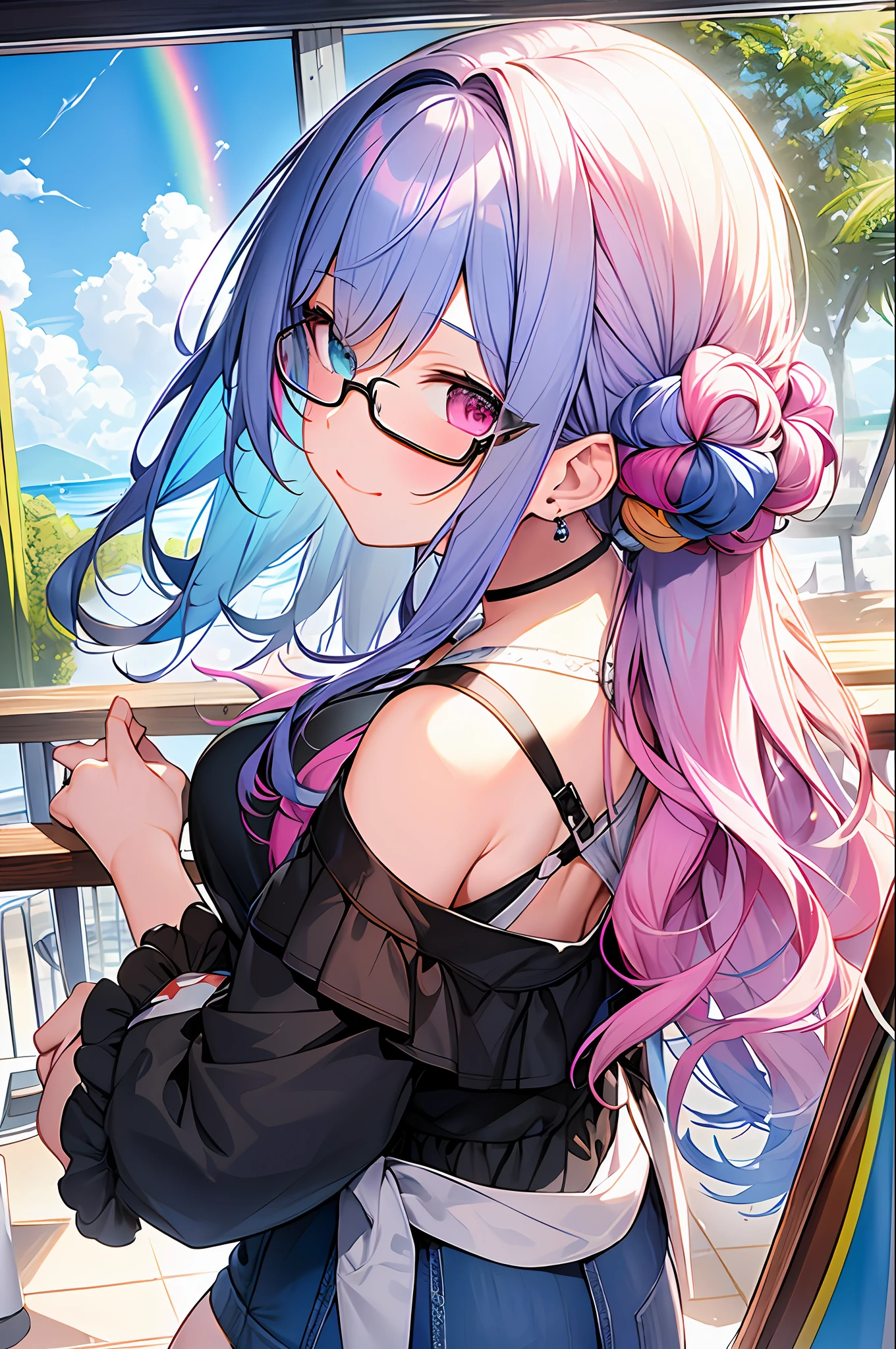 (Masterpiece, Best Quality, Best Quality, Watercolor (Medium), Official Art, Beautiful and Aesthetic: 1.2), (1 Girl: 1.3), (Fractal Art: 1.3), Full Body, (Chair), (Back View)), Pattern, (Iridescent Hair, Colorful Hair, Half Blue and Half Pink Hair: 1.2), Clouds, Colorful, Smile, Glasses, Close Up, Heterochromia, (Colorful: 1.5), (Shy Face), (Rainbow))), (( Fullback))