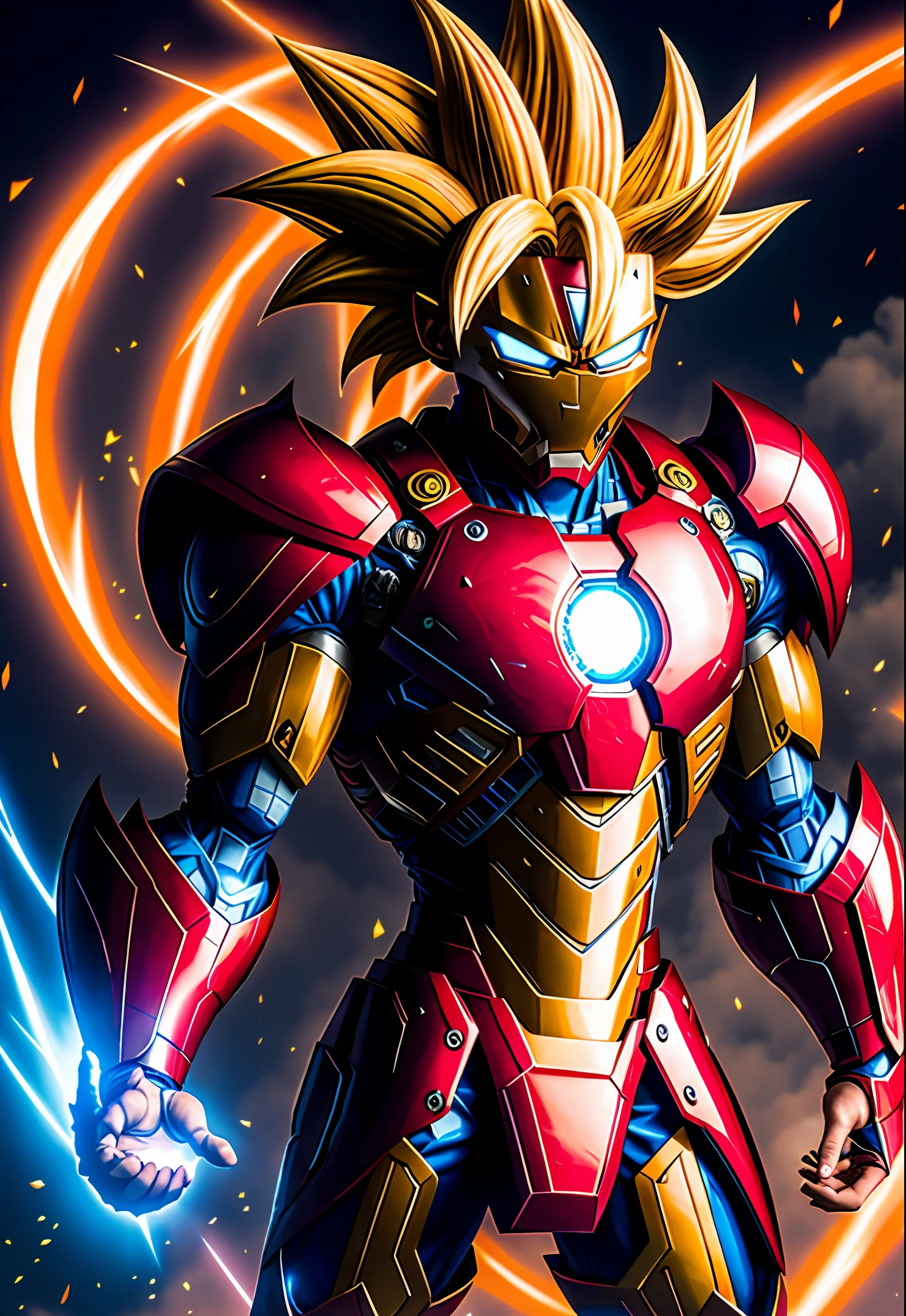 Goku from Dragon ball anime wearing iron man armor, Goku, Dragon ball, anime, manga style, colorful, Goku in base form, broken Red armor, Goku bleeding, perfect hands with 5 fingers, 8k, 4k, full HD, high definition, red and yellow armor, Goku in extraordinary battle pose, Goku's face based on the manga, Goku face, Goku's hair, power effects, high resolution, perfect eyes, Dragon ball anime facial expressions