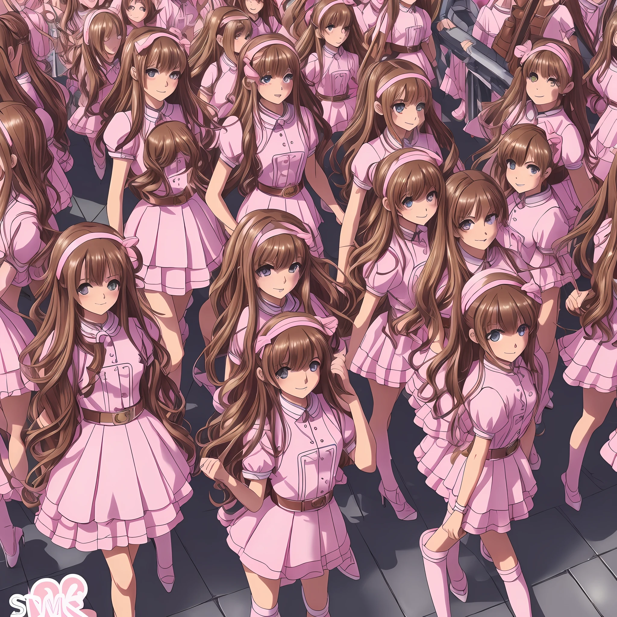 perfect anime illustration, multiple girls, thousands of girls, millions of girls, rich girls, clones, identical sisters, sisters crowded together, sisters in background, brown hair, curly hair, matching hairstyle, hazel eyes, smiling, ((matching outfits, pink uniform, high heels)), matching hairstyles, white background, highres, full body, sisters marching --auto --s2