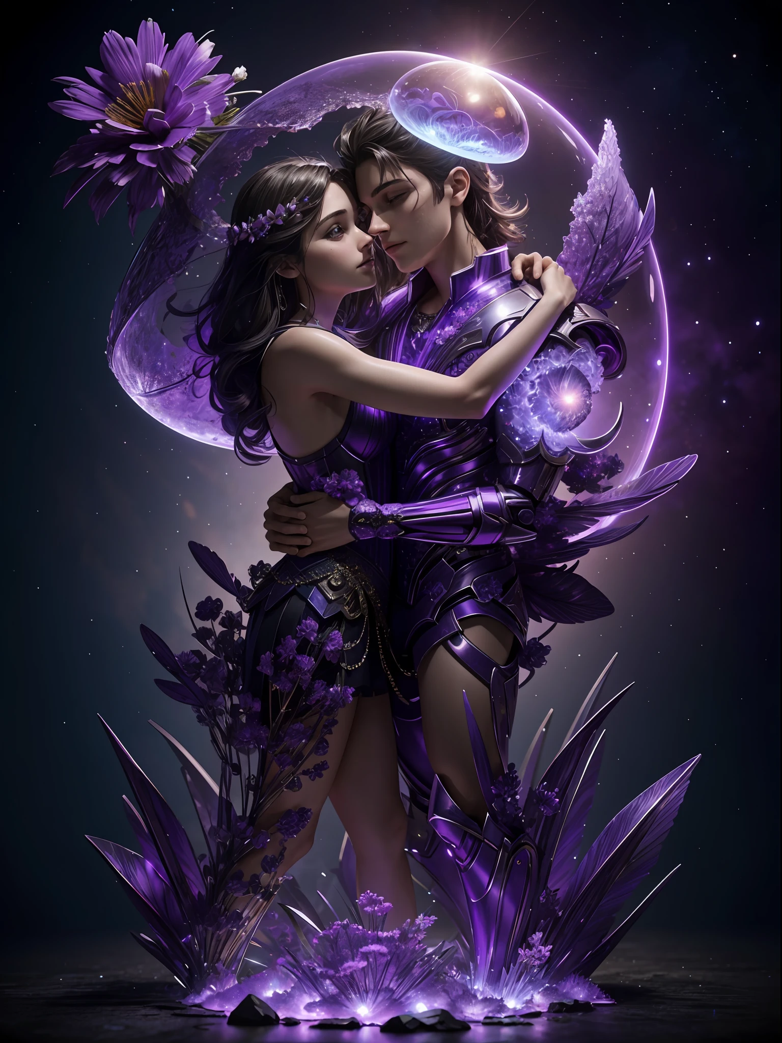 Incredible and spectacular scenes, ((high quality)), ((detailed)), ((fantasy)), "purple plasma brain, purple plasma body, realistic, best quality, 4K, flowers trapped in blisters at the top realistic, (handsome teenager and beautiful girl hugging), full body portrait", image quality (3D rendering effect) , exquisite details,